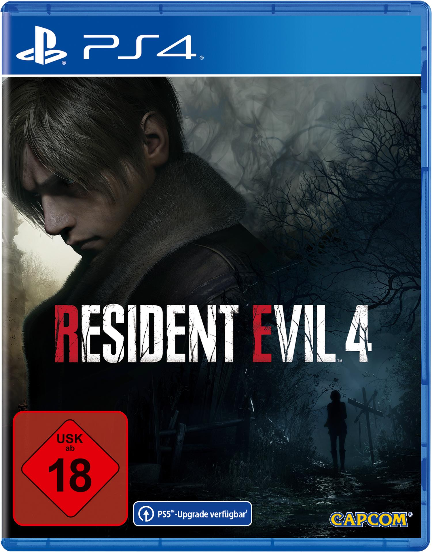 Resident Evil 4 Spielcover. Gesicht eines Mannes mit dunklen Haaren. Titel und Figur im Hintergrund. USK 18-Rating.