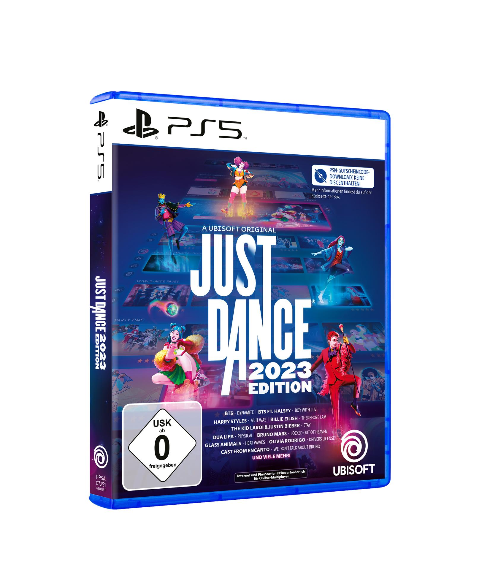 Videospielbox für Just Dance 2023 Edition. Mit Tänzern, USK 0 Bewertung und Songtiteln.