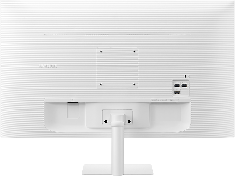 Egy fehér Samsung monitor hátulja. Tartalmaz portokat, állványt és a Samsung logót. Textúrázott felülete és szellőzőnyílásai vannak.