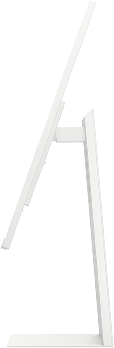 Egy fehér számítógép monitor oldalsó nézete állvánnyal. A képernyő hátrafelé dől. Az állvány téglalap alakú.