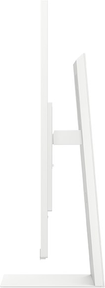 Egy fehér számítógép monitor oldalsó nézete. Vékony kerettel, állvánnyal és tartókarral rendelkezik. A háttér fehér.