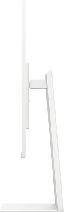 Egy fehér számítógép monitor oldalnézetből. A monitor téglalap alakú, és egy fehér állványon áll.