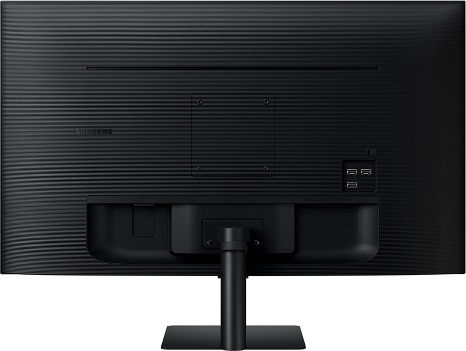Fekete számítógép monitor hátulnézete. Portokat, állványt és Samsung logót mutat. Texturált felület, HDMI, USB és tápcsatlakozókkal.
