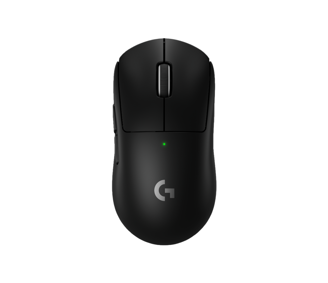Eine schwarze kabellose Logitech-Computermaus auf schwarzem Hintergrund. Sie hat ein grünes Licht und das Logitech 'G'-Logo.