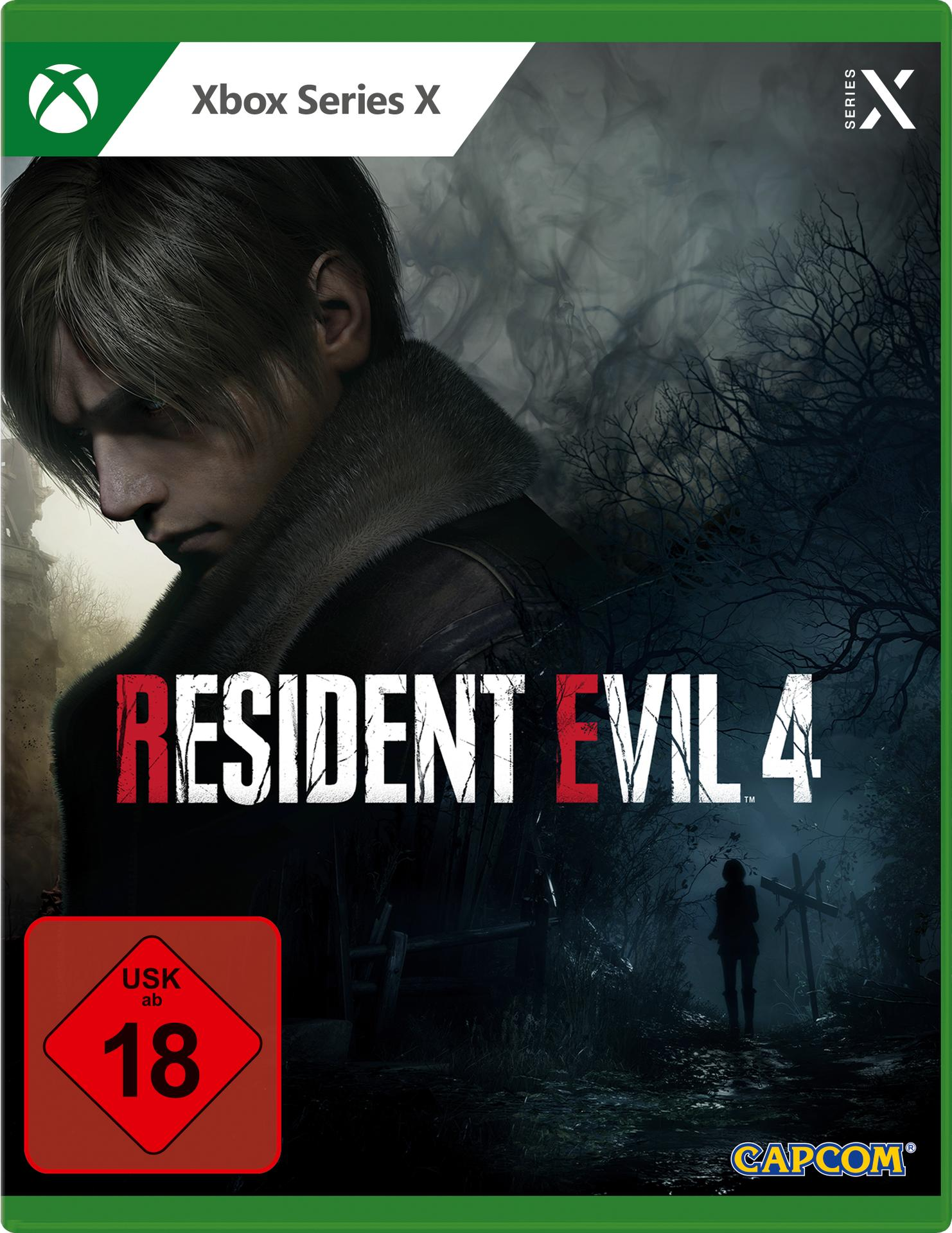Resident Evil 4-Spielcover. Zeigt einen Mann, eine Schattenfigur, den Spieletitel und eine Altersfreigabe.