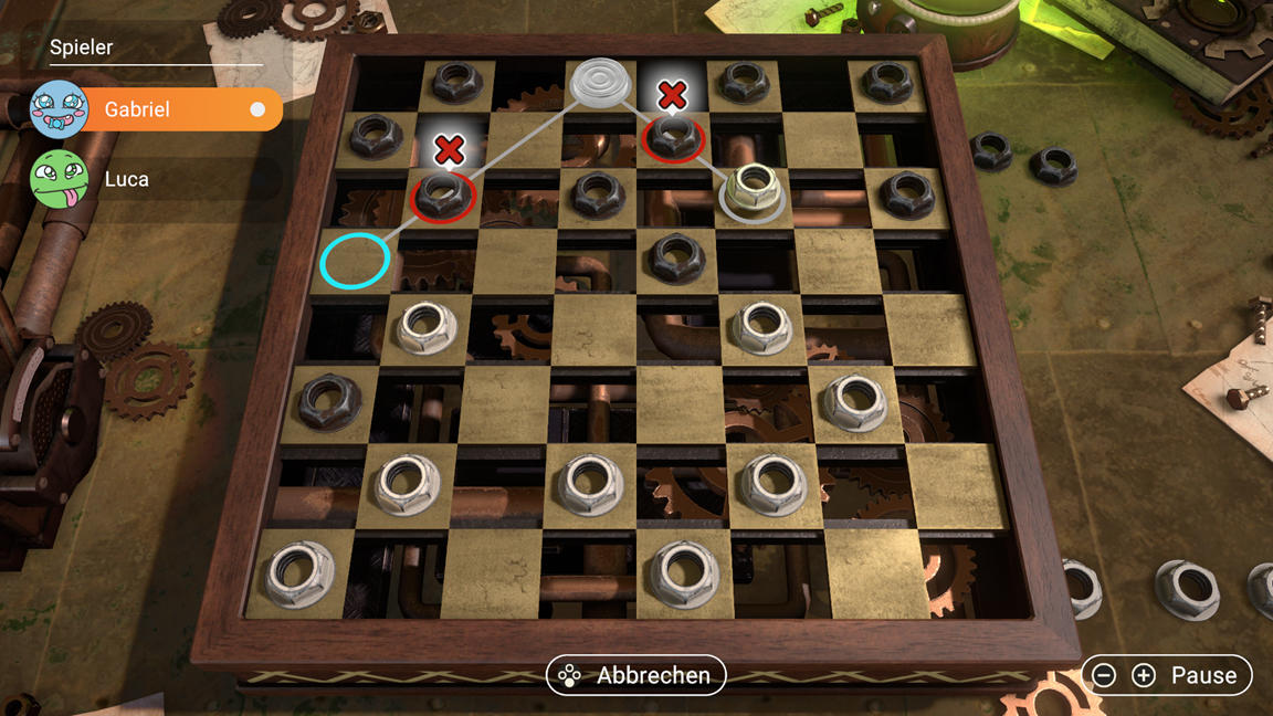 Ein Schachspiel im Steampunk-Stil. Das Brett ist aus Holz, mit Metallmuttern als Figuren. Zwei Spieler sind im Spiel.