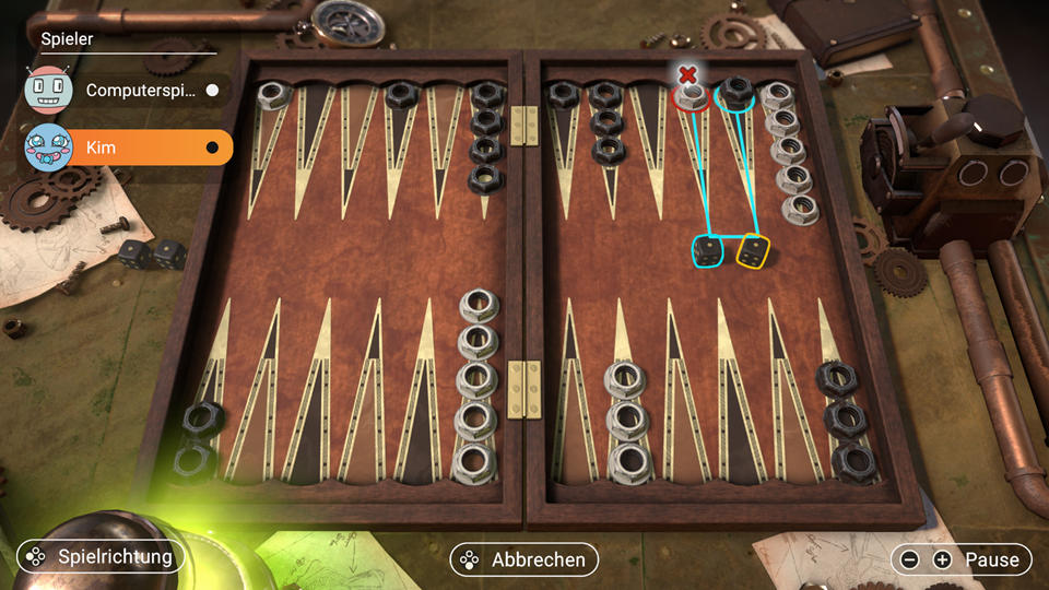 Ein Backgammon-Spiel wird mit einem Steampunk-Thema gezeigt. Das Brett ist braun mit schwarzen und silbernen Steinen. Das Spiel ist im Gange.