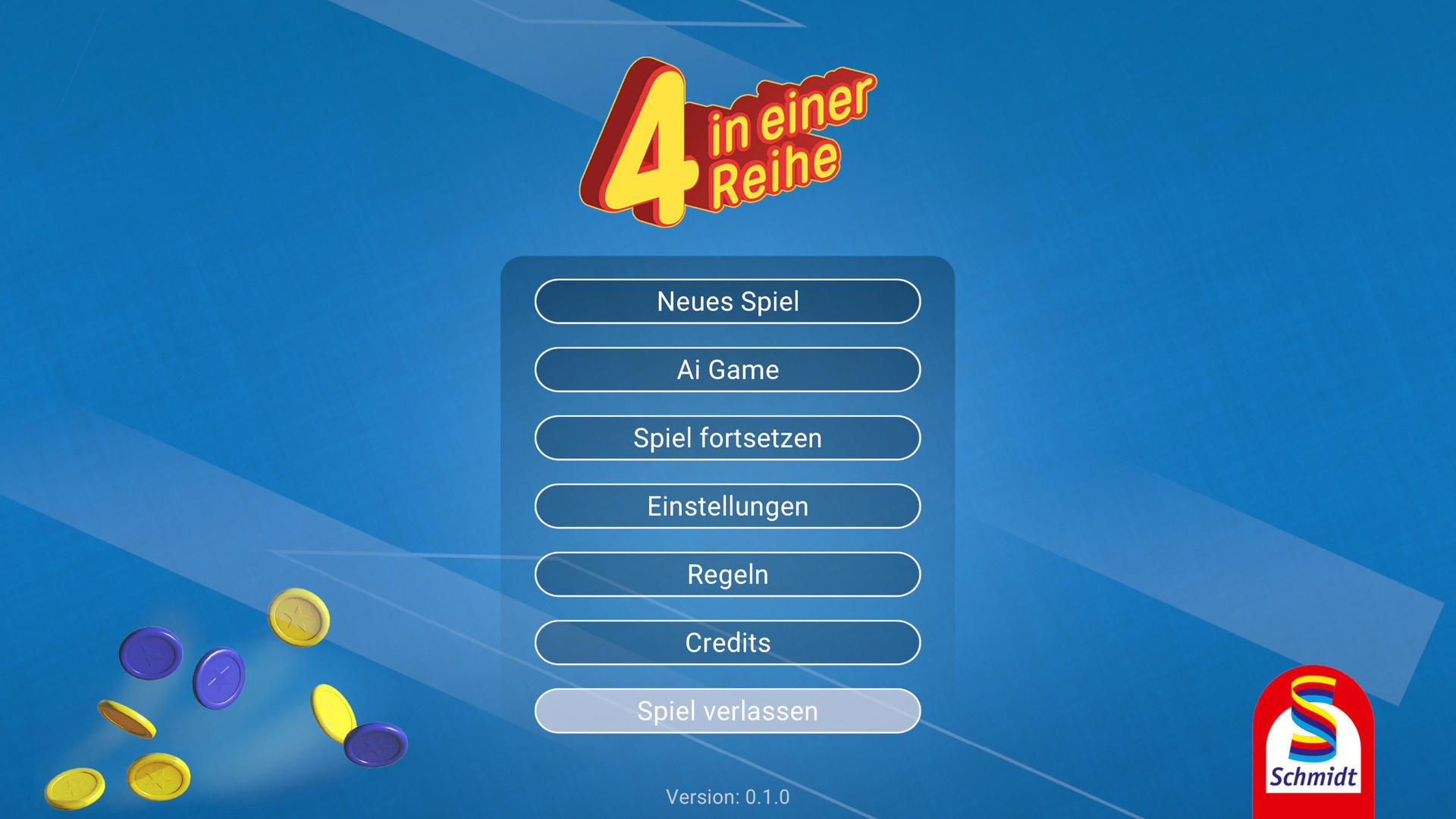 Spielmenü mit Optionen wie 'Neues Spiel', 'KI-Spiel' und 'Einstellungen'. Münzen liegen verstreut auf blauem Hintergrund.
