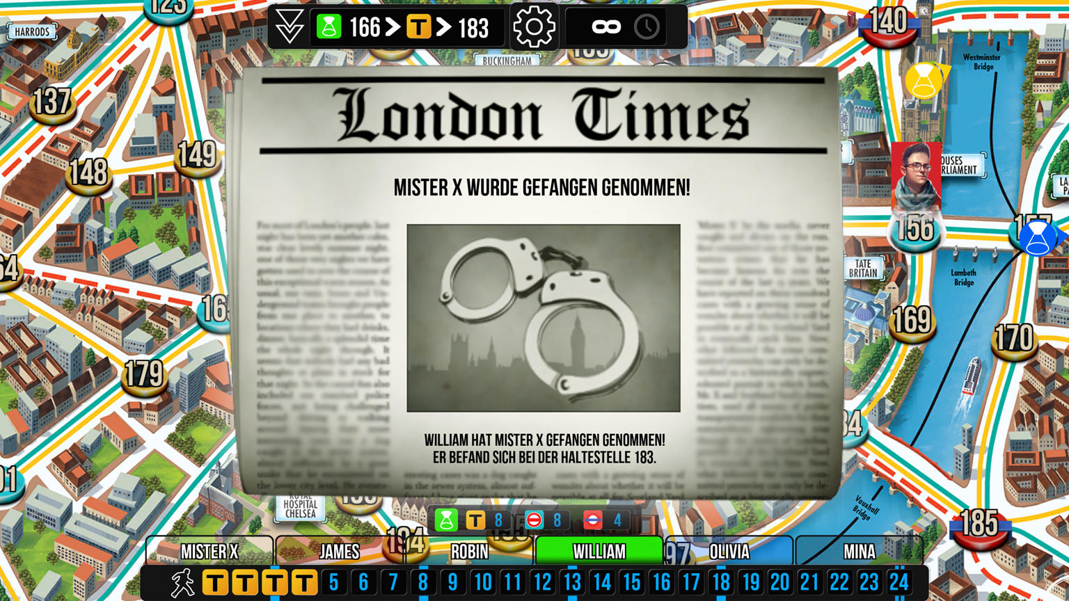 Ein Brettspiel zeigt eine Schlagzeile: Mister X wurde gefangen. Handschellen, Big Ben. William fing ihn bei 183.