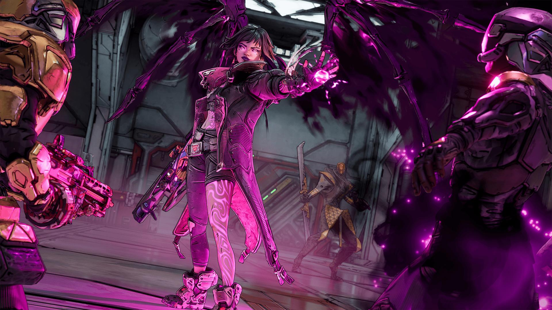 Eine Frau mit dunklen Flügeln und Energie in der Hand. Sie ist von Figuren in futuristischer Rüstung in einer Sci-Fi-Umgebung umgeben.