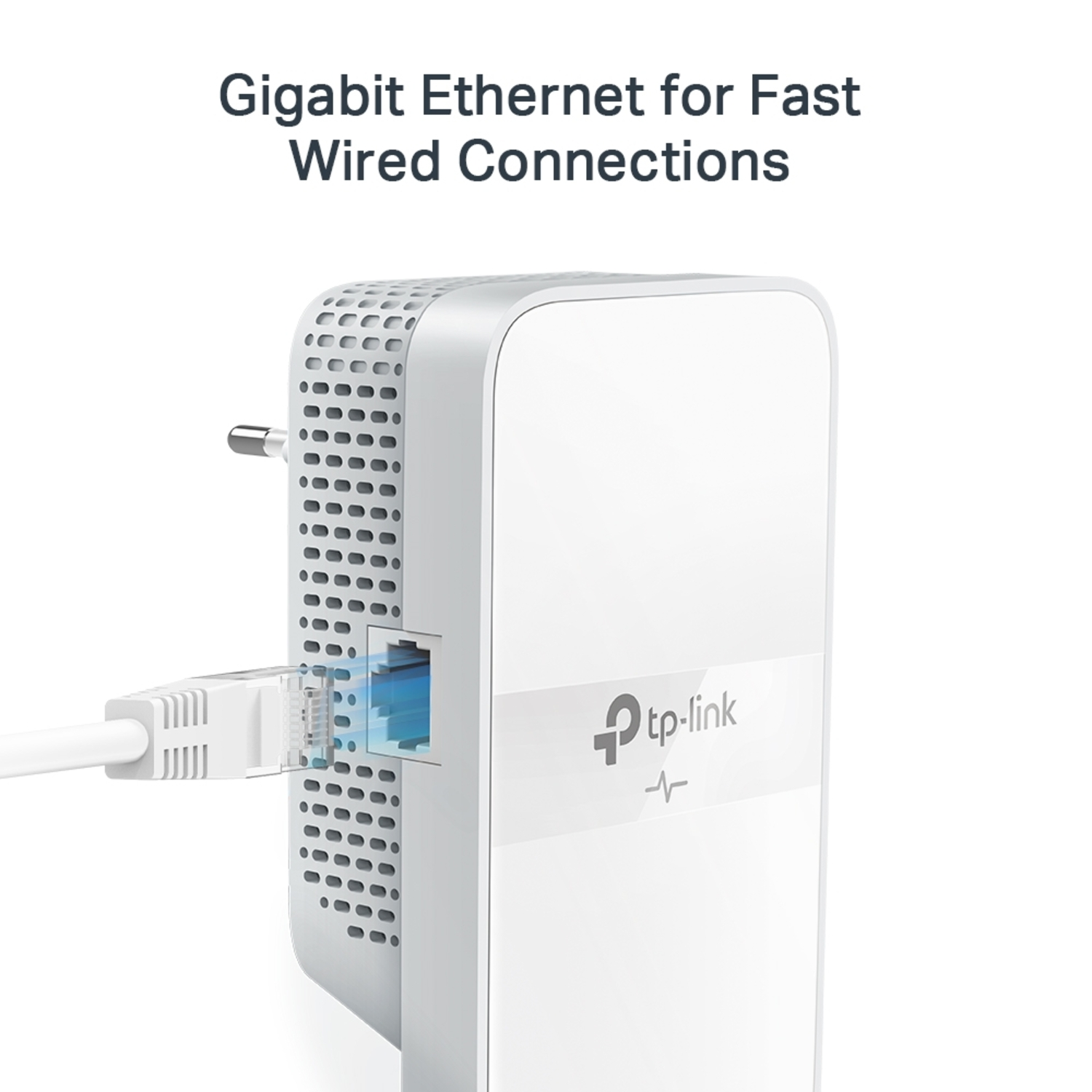 A white TP-Link device with an Ethernet cable plugged in. Text above says Gigabit Ethernet for Fast Wired Connections.