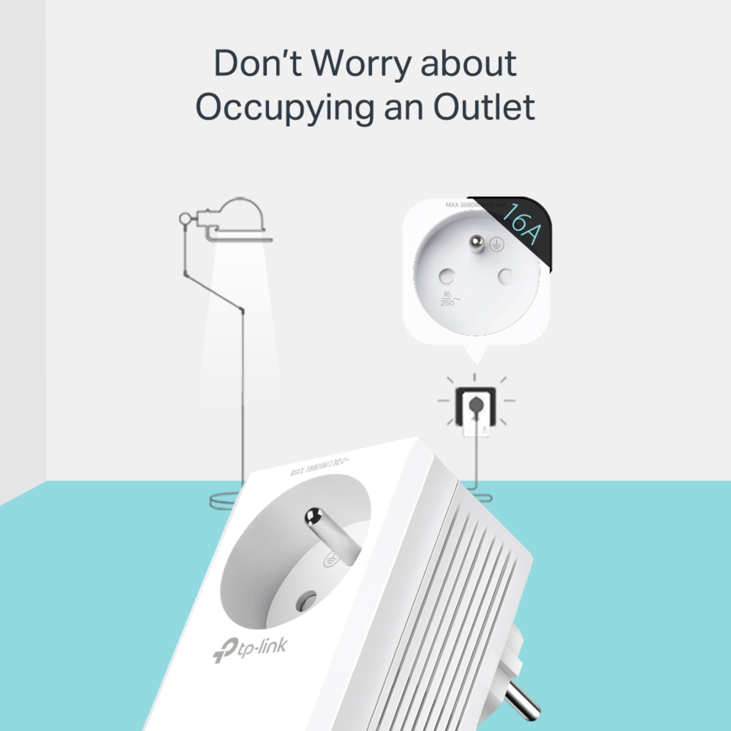 A white TP-Link smart plug with a European plug, next to a diagram of an outlet, with text 'Don't Worry about Occupying an Outlet'.