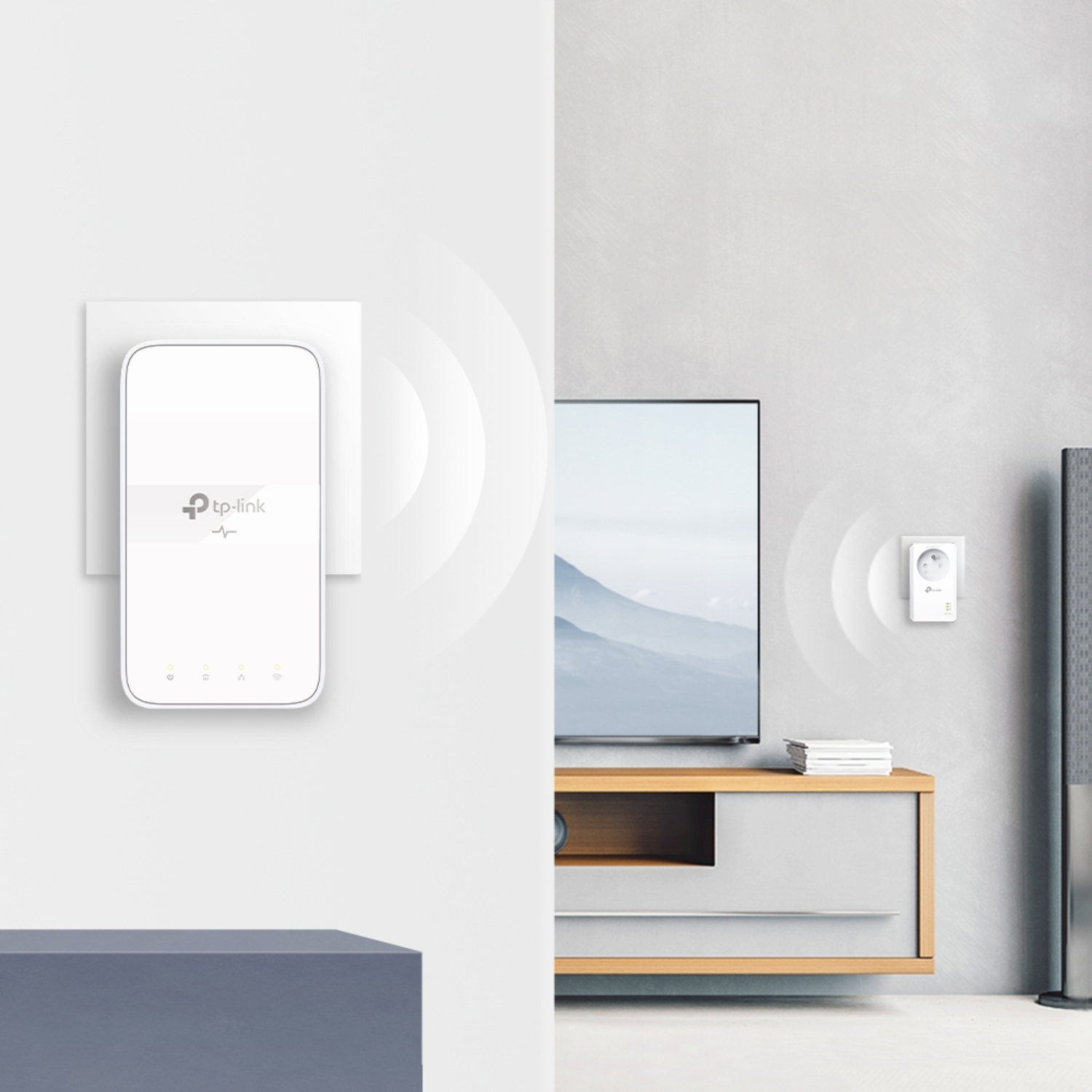 Two TP-Link devices, one plugged into a wall outlet, and another near a TV on a wooden cabinet. Wireless signal icons.
