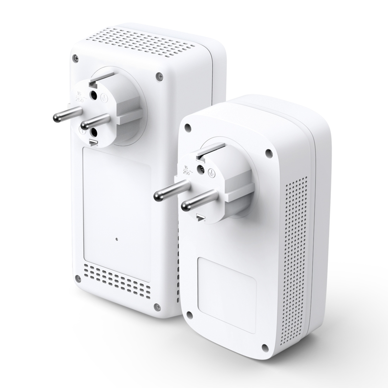 Two white power adapters with European plugs are on a white background. One is larger and behind the smaller one.