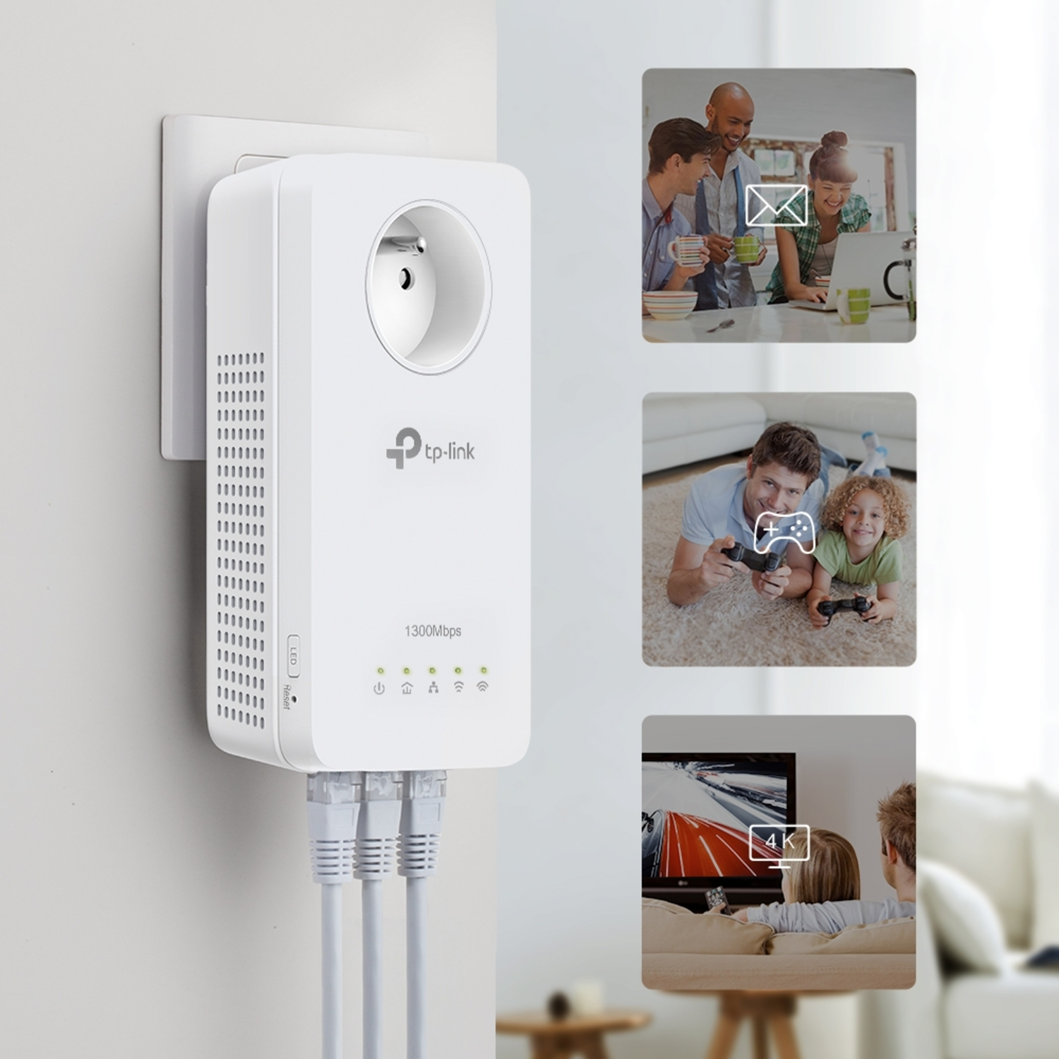 White TP-Link WiFi extender plugged into a wall.  Illustrations depict people using internet: video, gaming, communication.