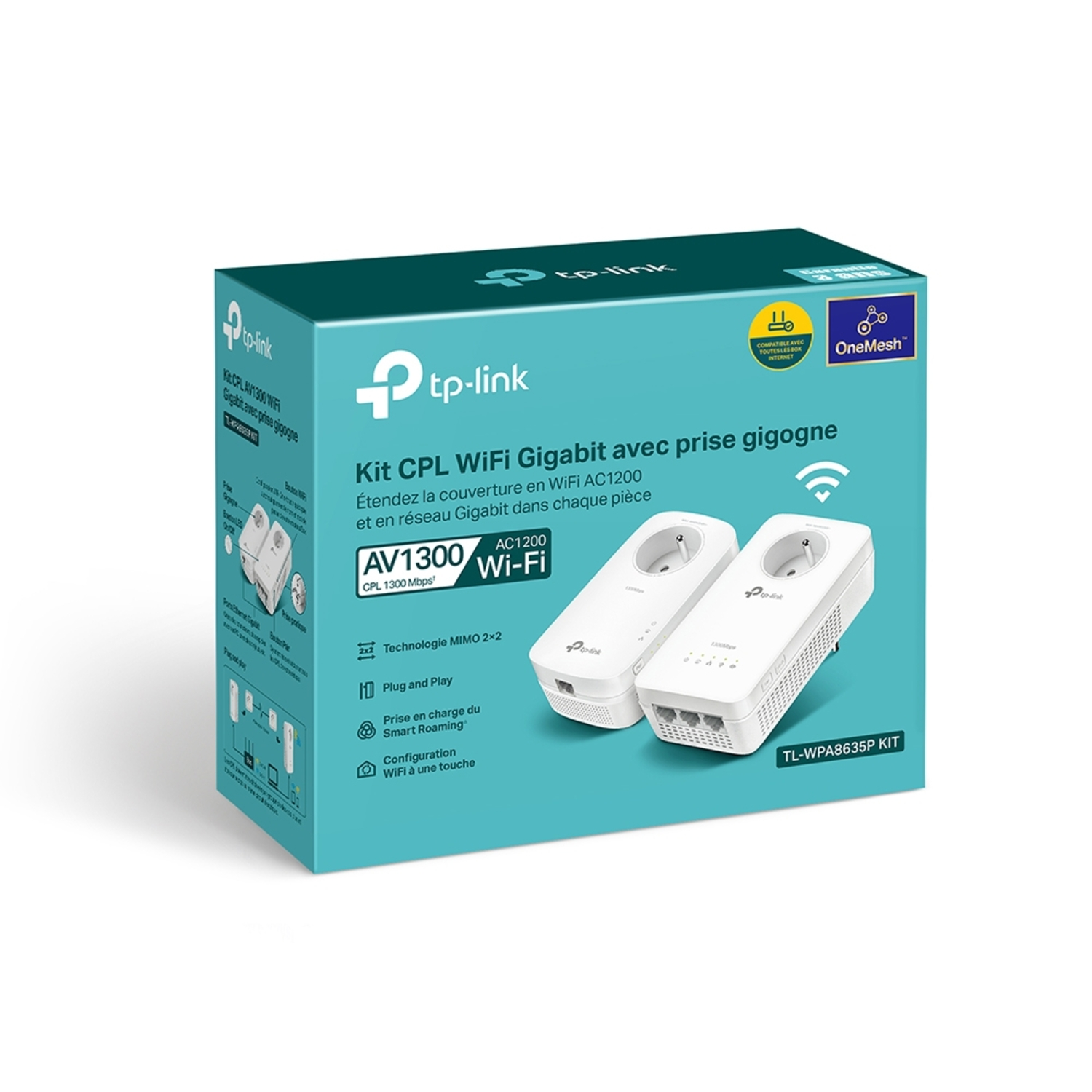 A teal box displays a TP-Link WiFi kit with two white adapters, labeled AV1300 and AC1200 Wi-Fi.