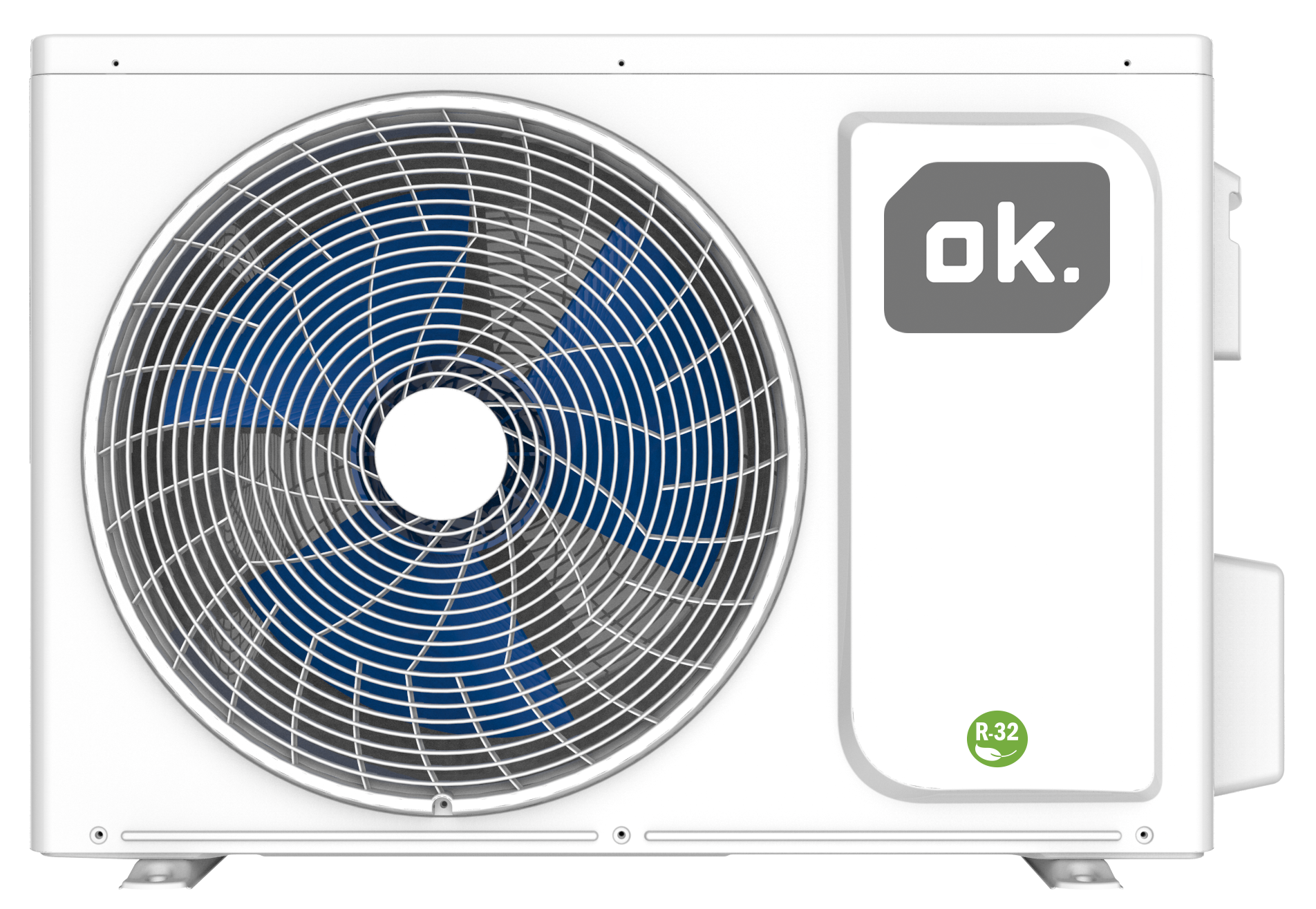 Unidad de aire acondicionado blanca con ventilador, logotipo ok. y etiqueta R-32. El ventilador tiene aspas azules.