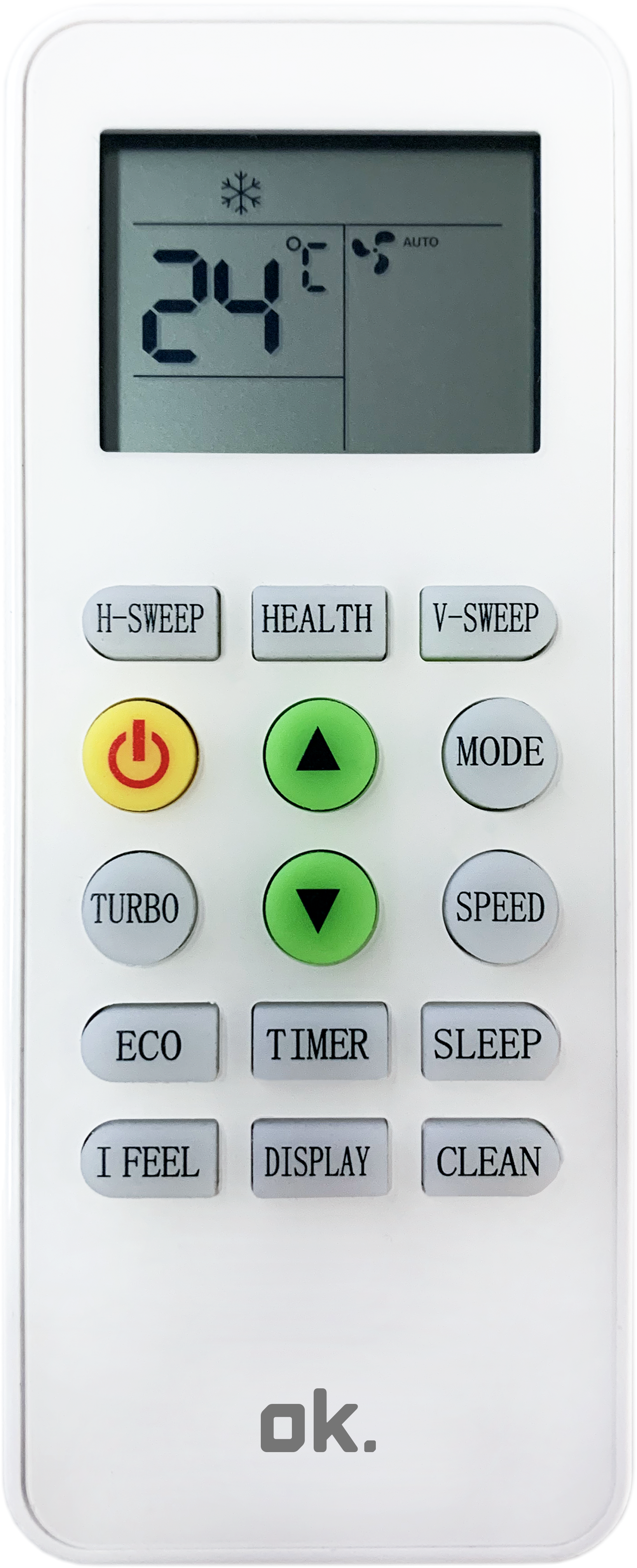 Mando a distancia blanco de CA. Pantalla muestra 24°C. Botones: H-Sweep, Health, V-Sweep, Power, Turbo, Eco, I Feel, Mode, Speed, Timer, Sleep, Display, Clean.