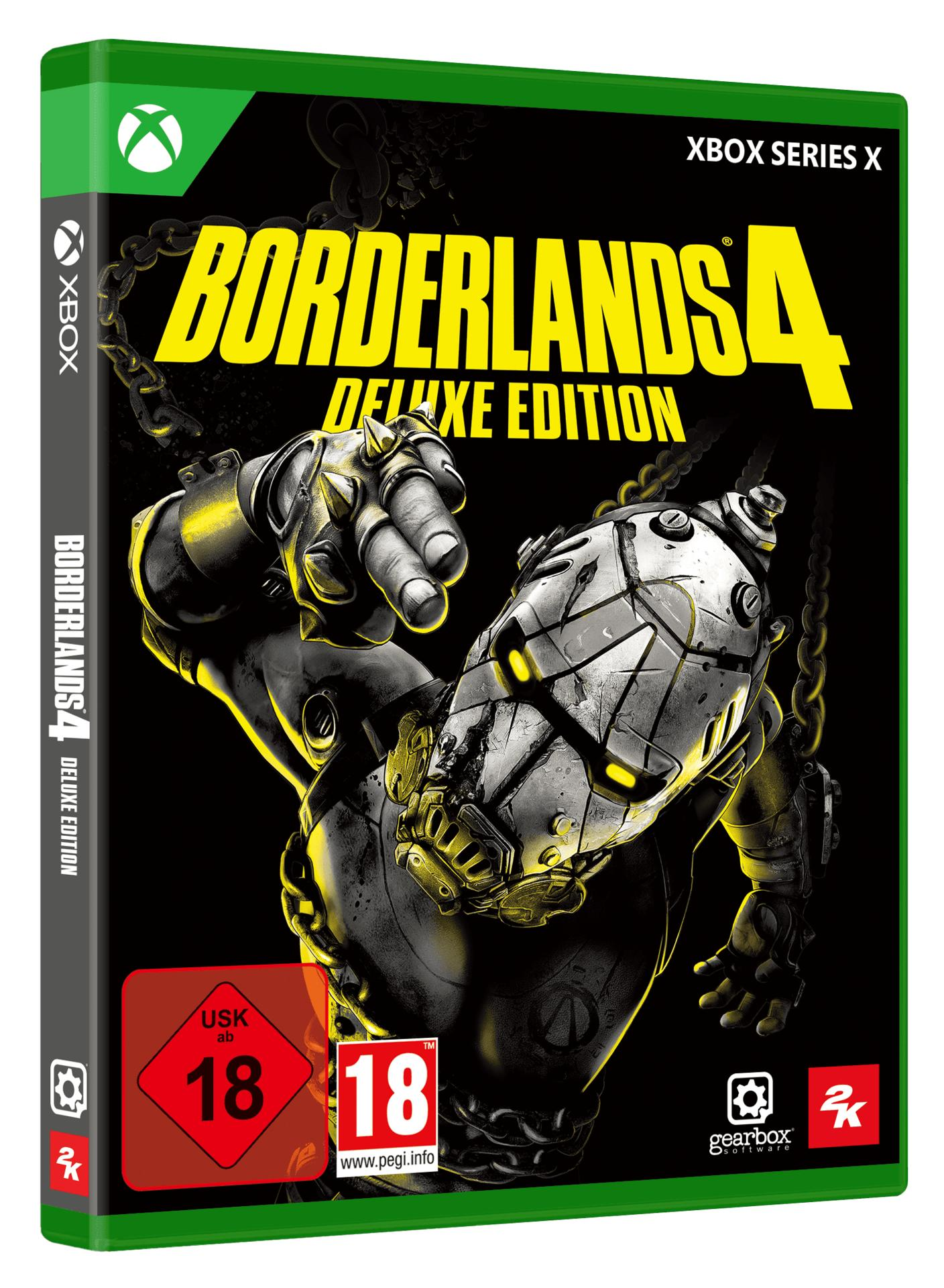 Borderlands 4 Deluxe Edition Xbox Series X-Hülle mit Roboter-Artwork, Altersfreigaben.