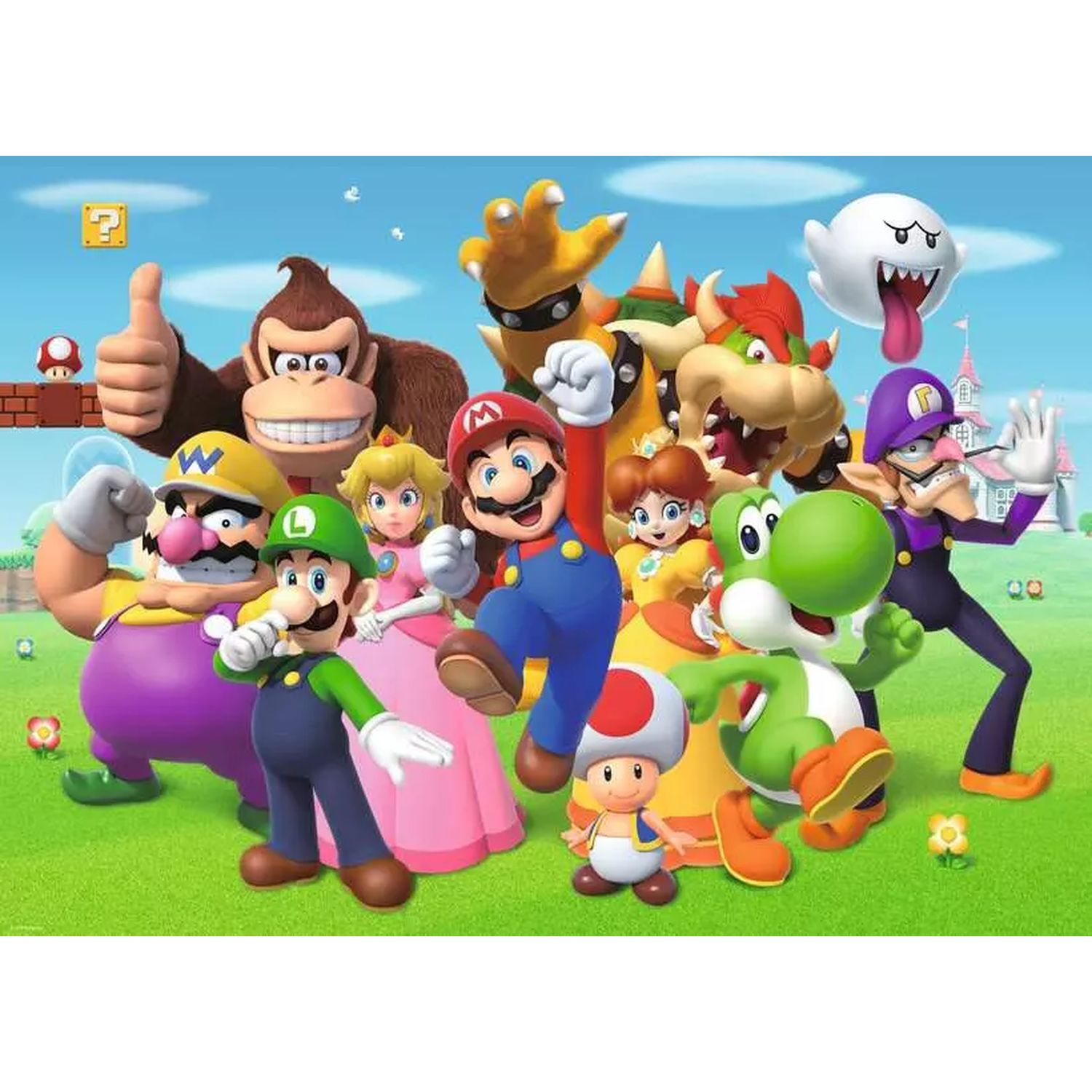 A group of Mario characters on green grass with a blue sky background. Mario, Luigi, Peach, and others are visible.