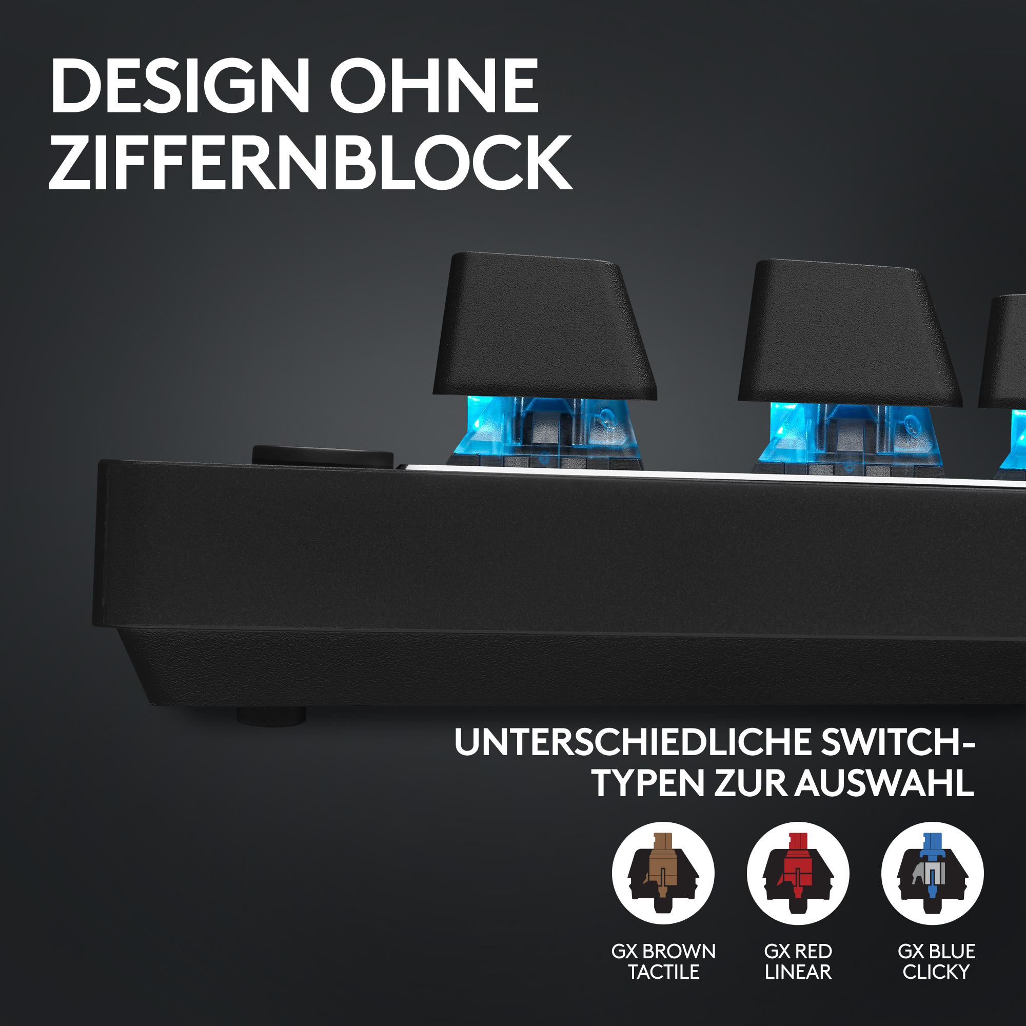 Nahaufnahme einer Tastatur mit schwarzen Tasten und blauer Beleuchtung. Text unten zeigt Schaltertypen wie GX Brown Tactile.