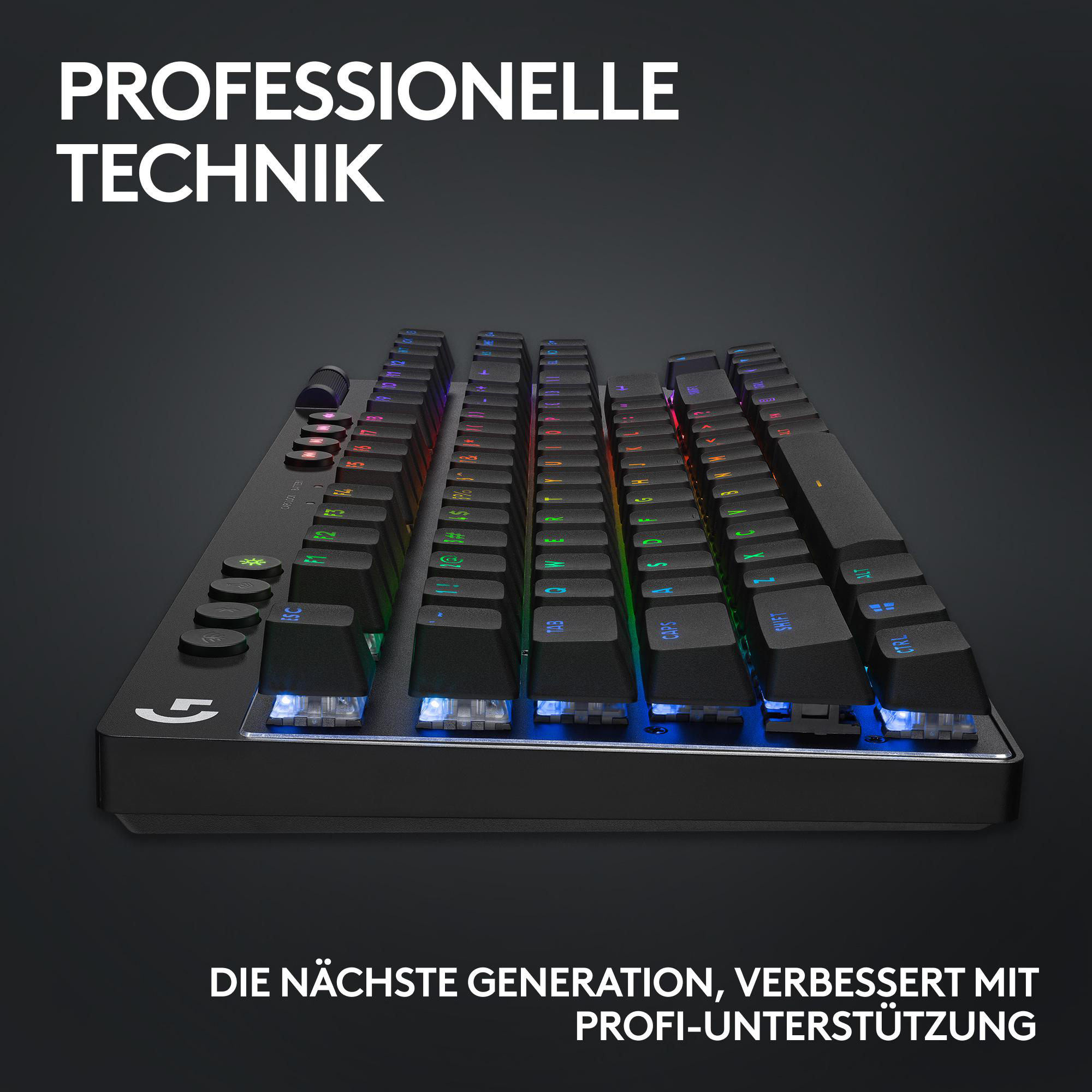 Eine schwarze Tastatur mit bunten Tasten. Oben steht 'Professionelle Technik', unten 'Die nächste Generation'.
