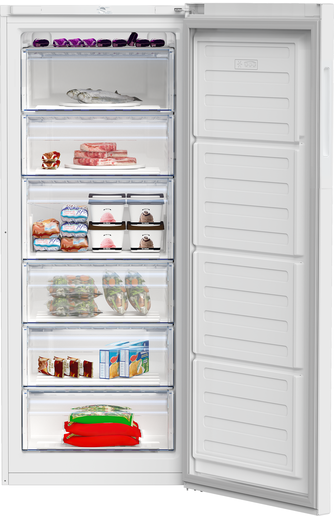 Otwarta zamrażarka pokazuje różne produkty spożywcze: ryby, mięso, lody, warzywa i mrożonki. Drzwi są otwarte.