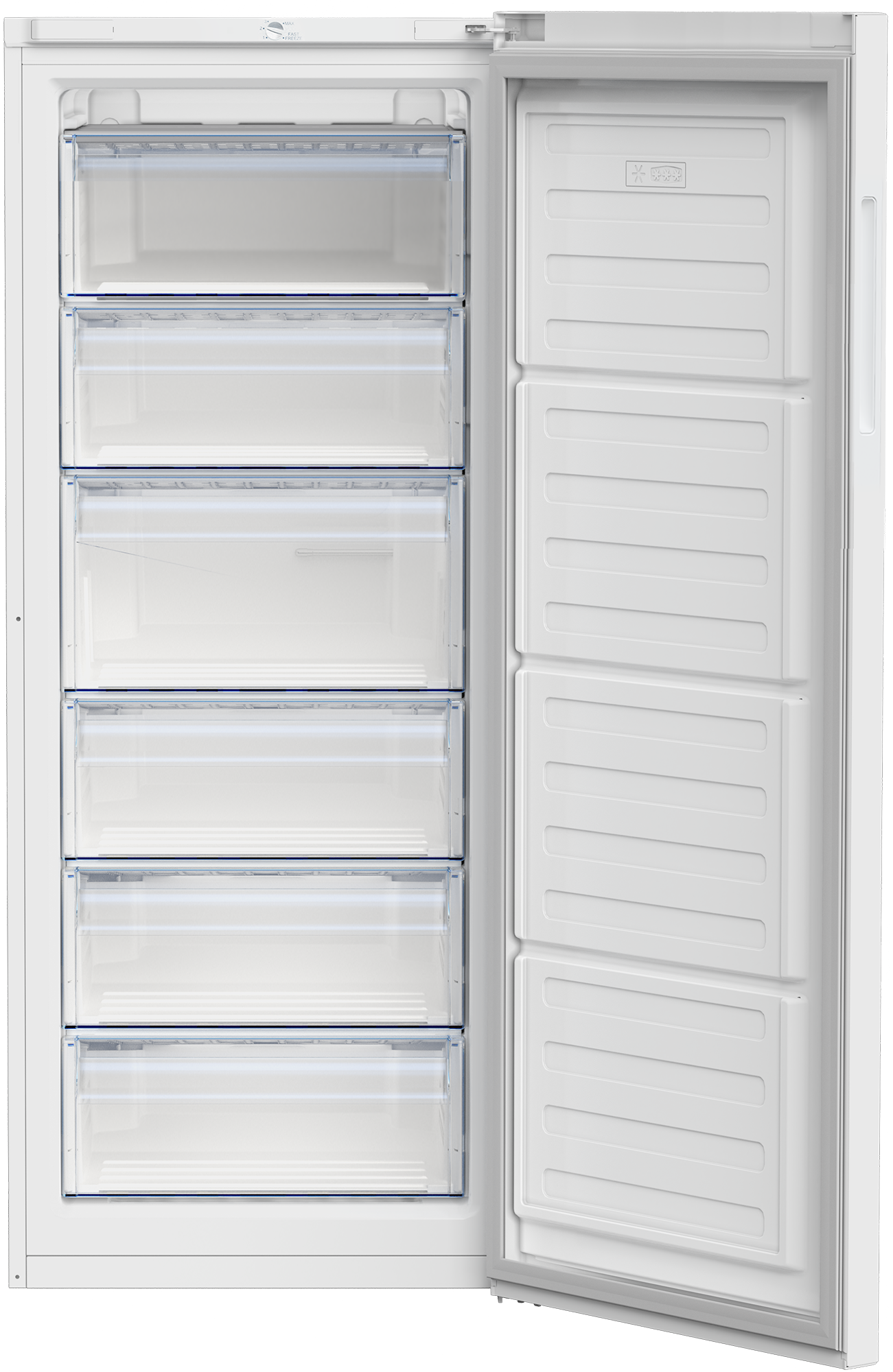 Biała zamrażarka z otwartymi drzwiami. Lewa strona ma przezroczyste szuflady, prawa półki.