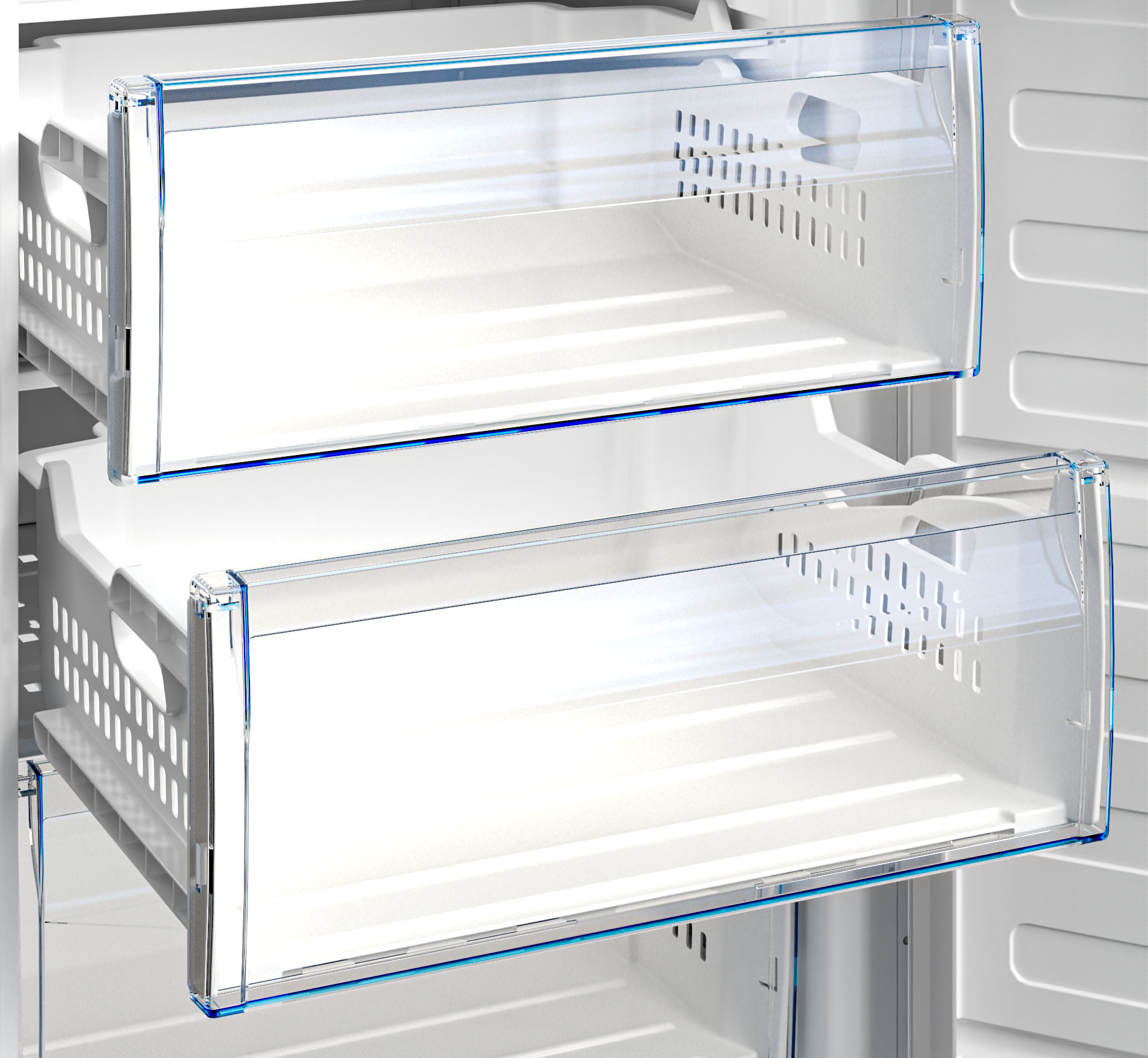 Zbliżenie wnętrza lodówki z dwiema otwartymi szufladami. Szuflady są przezroczyste z niebieskim obrysem.