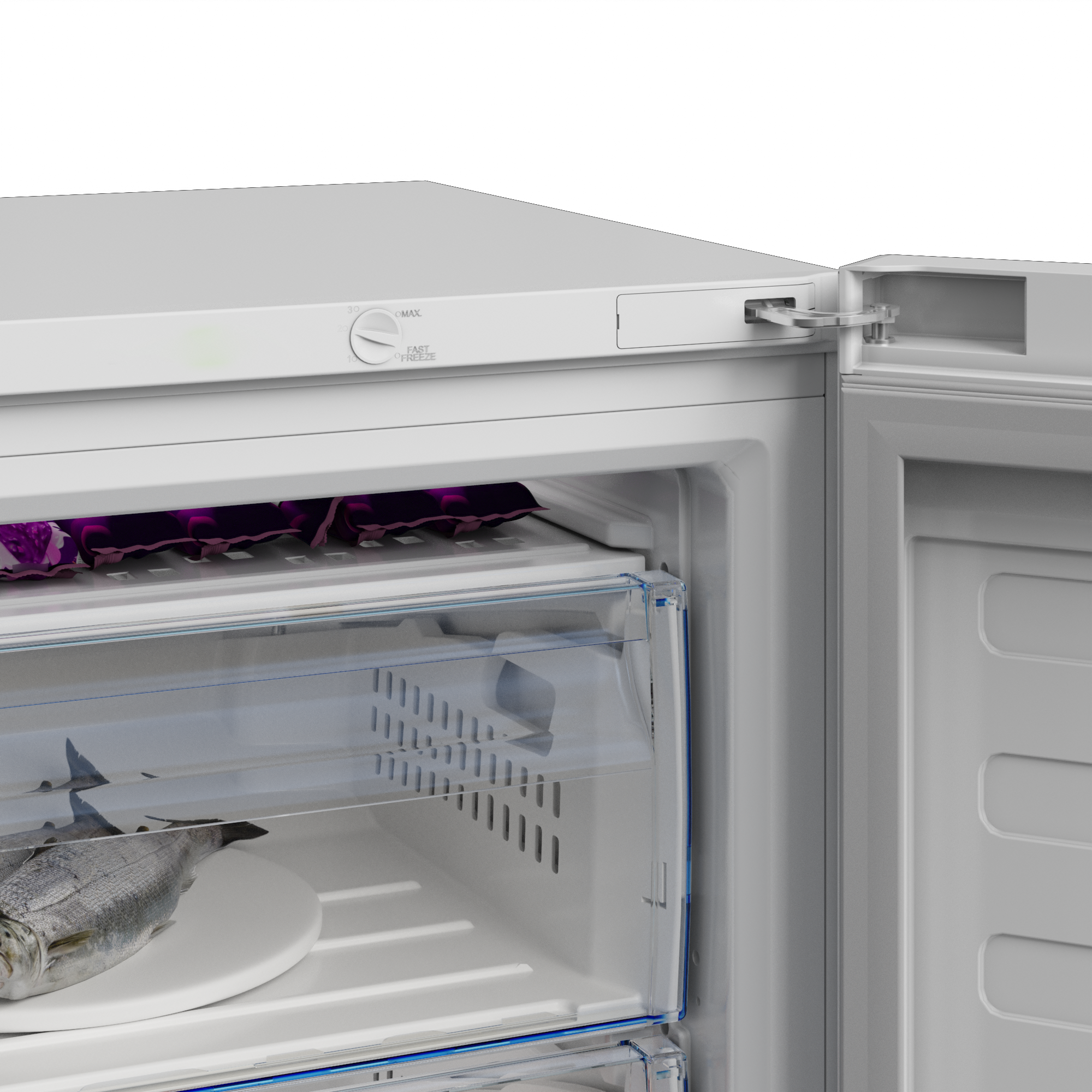 Otwarta zamrażarka z rybą na talerzu i fioletowymi zapakowanymi przedmiotami. Widoczny panel sterowania z ustawieniem szybkiego mrożenia.