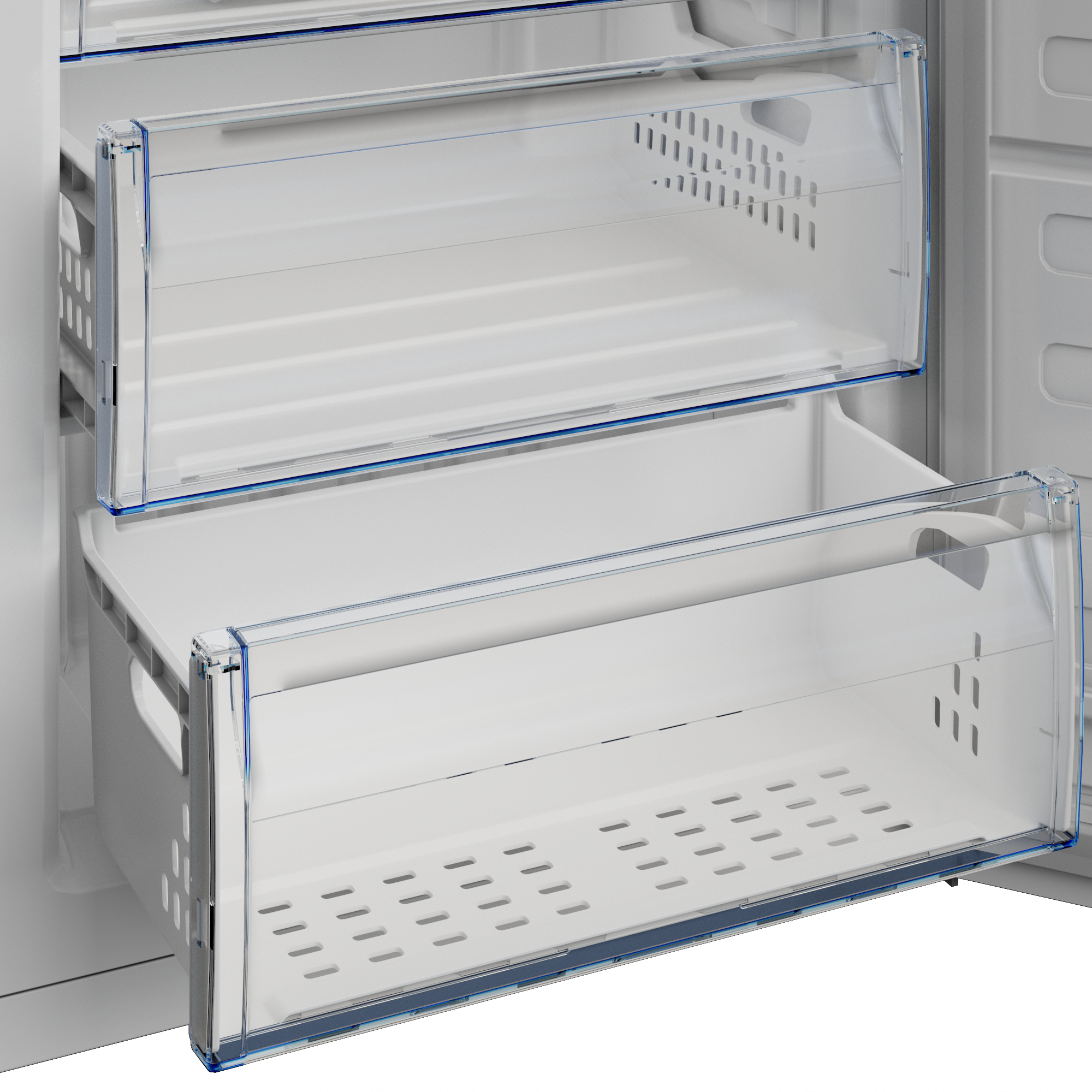 Zbliżenie wnętrza lodówki. Dwie przezroczyste plastikowe szuflady są wysunięte. Szuflady są białe z niebieskimi akcentami i otworami wentylacyjnymi.