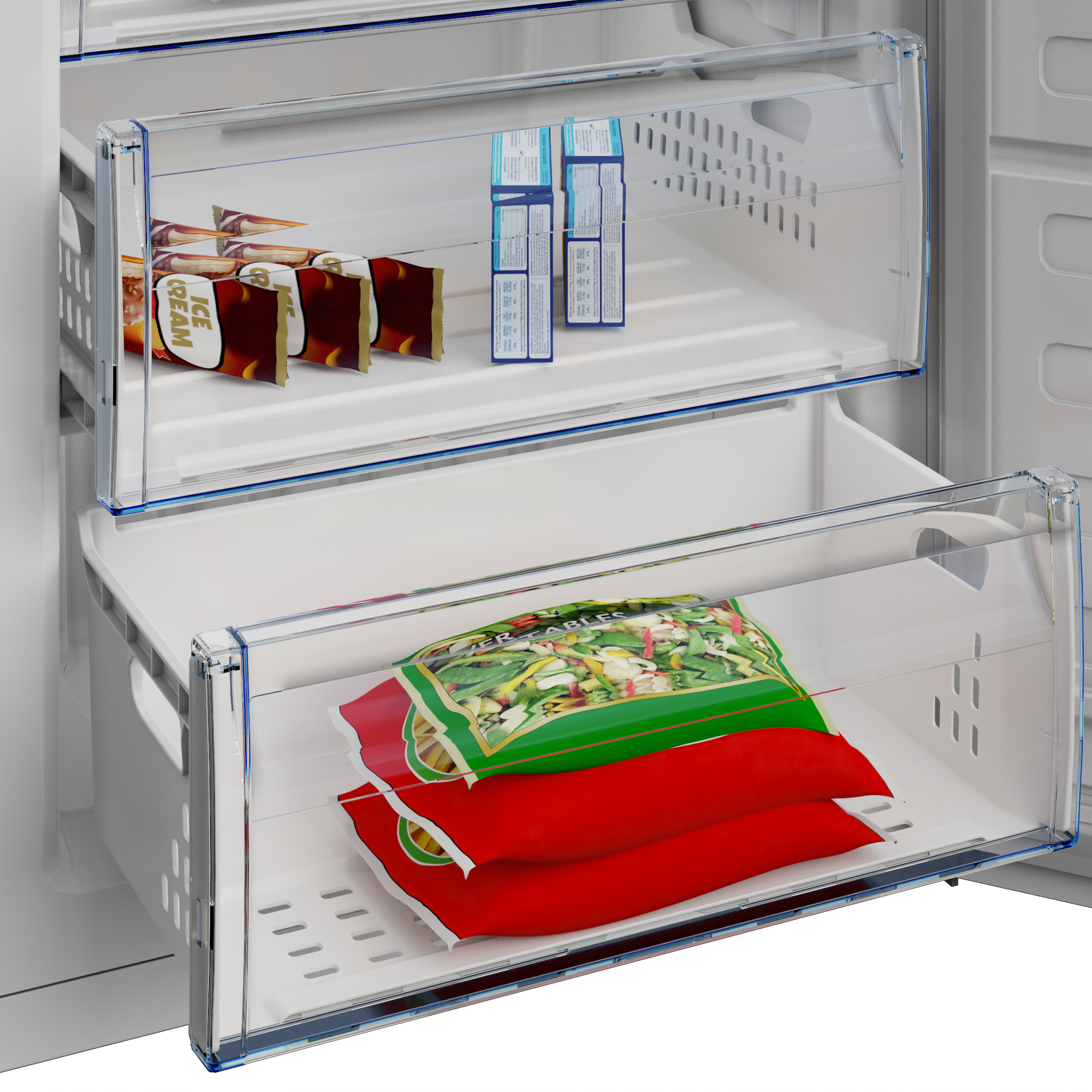 Szuflady zamrażarki wypełnione lodami i mrożonymi warzywami. Górna szuflada zawiera lody, dolna mrożone warzywa.