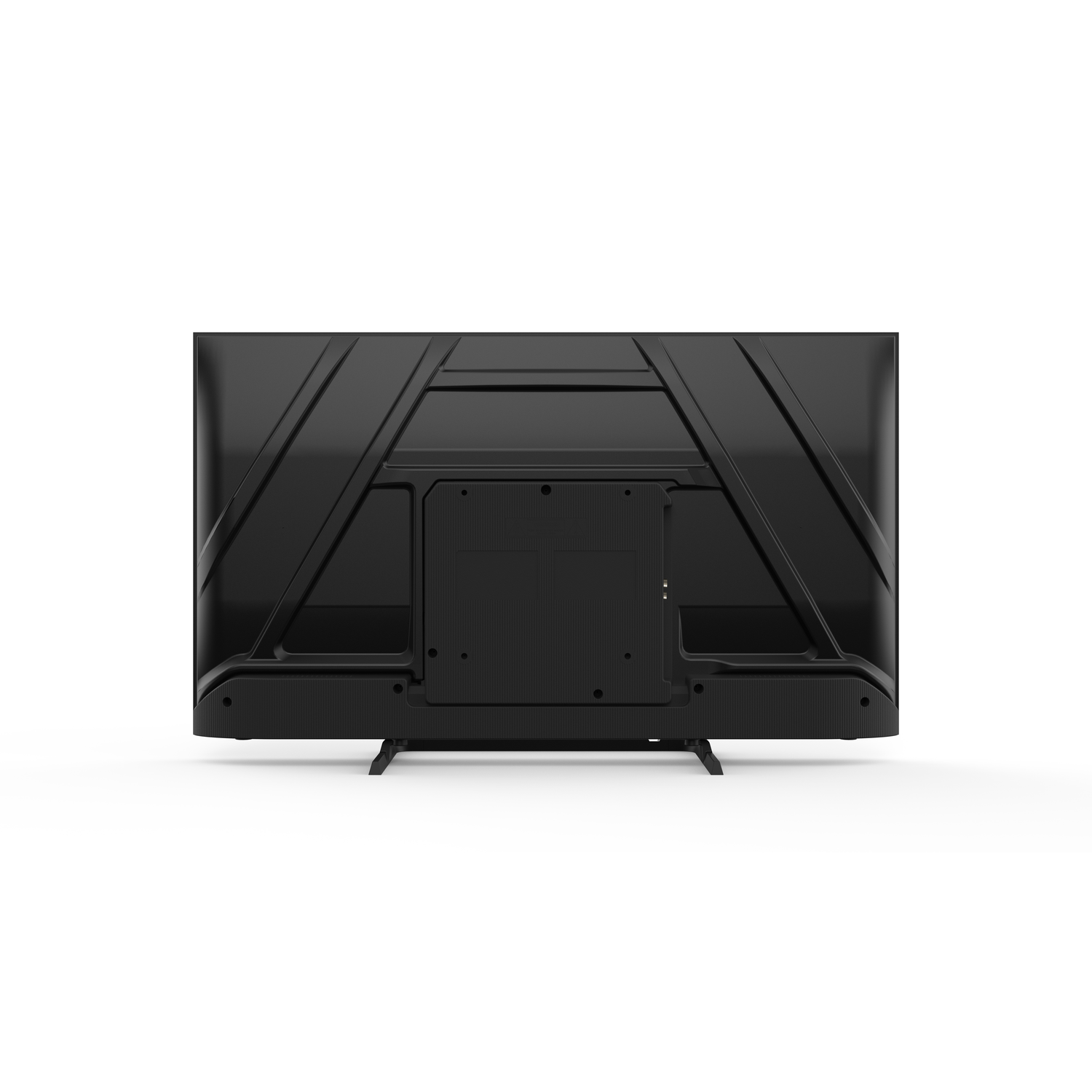 The back of a black flat-screen TV is shown against a white background. It has a stand and various design elements.
