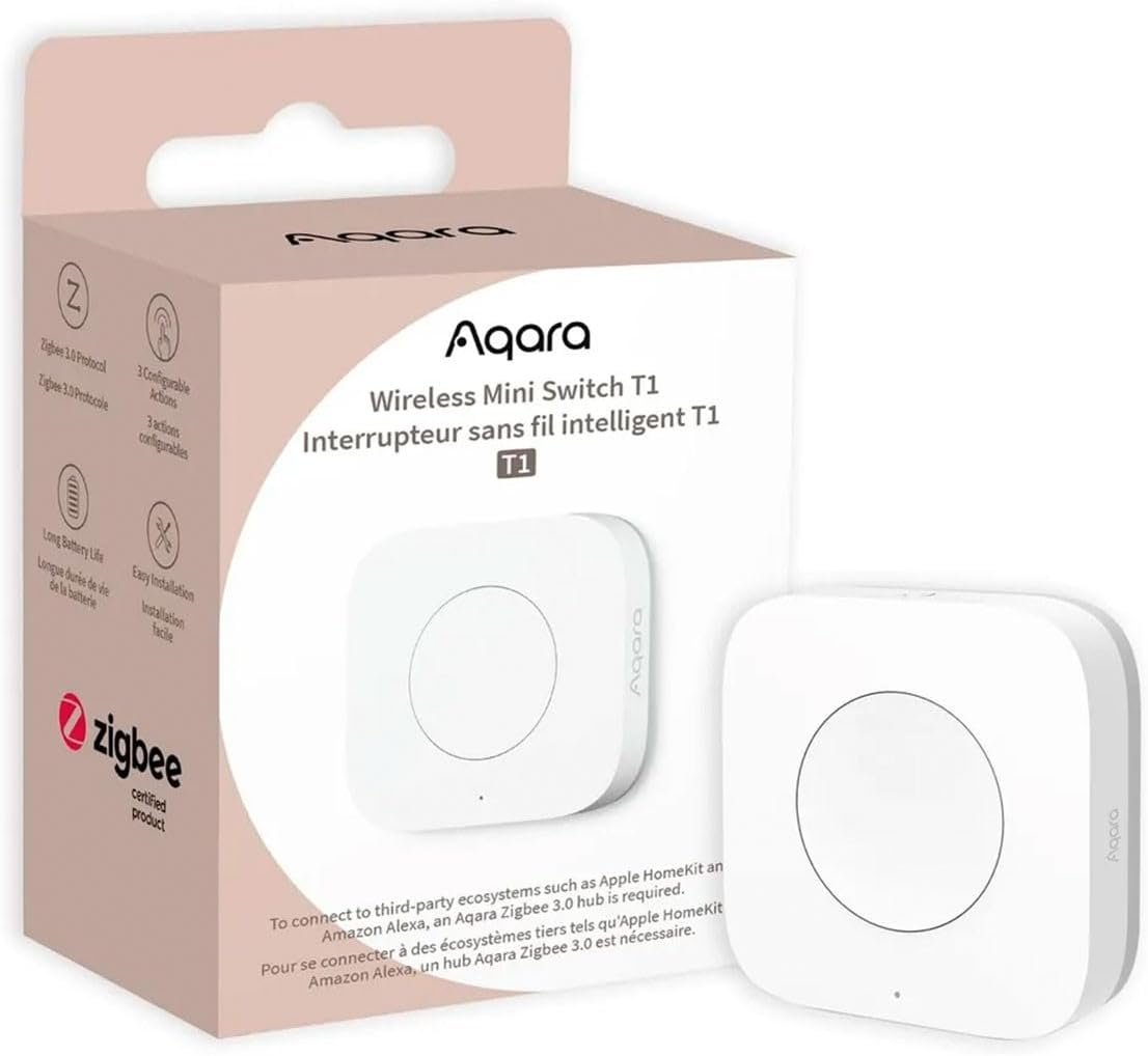 Aqara Wireless Mini Switch T1 doboz. Termékképet, funkciókat és Zigbee tanúsító logót tartalmaz. Fehér kapcsoló látható.