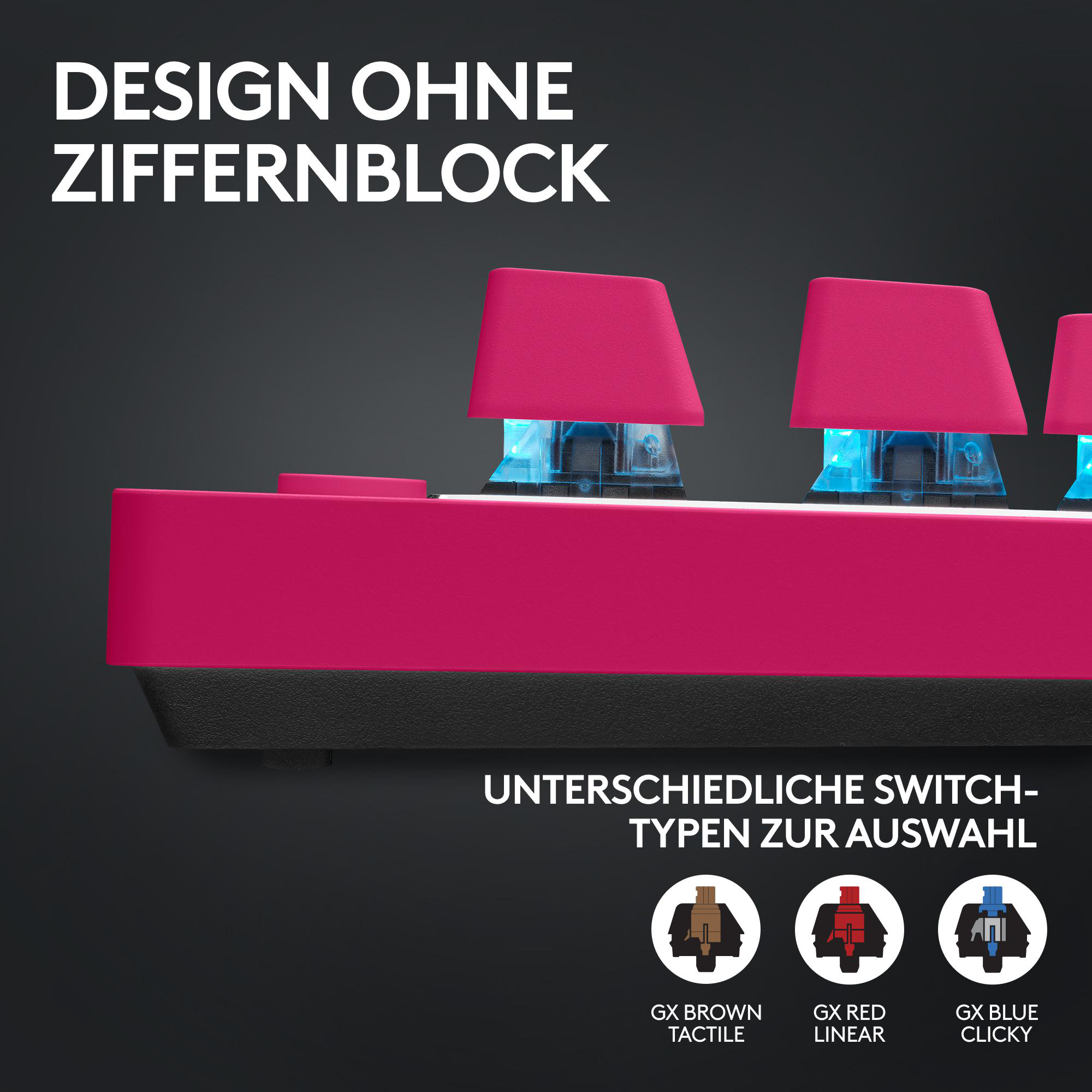 Nahaufnahme einer pinkfarbenen Tastatur, mit drei sichtbaren Tasten. Text oben lautet 'DESIGN OHNE ZIFFERNBLOCK'.