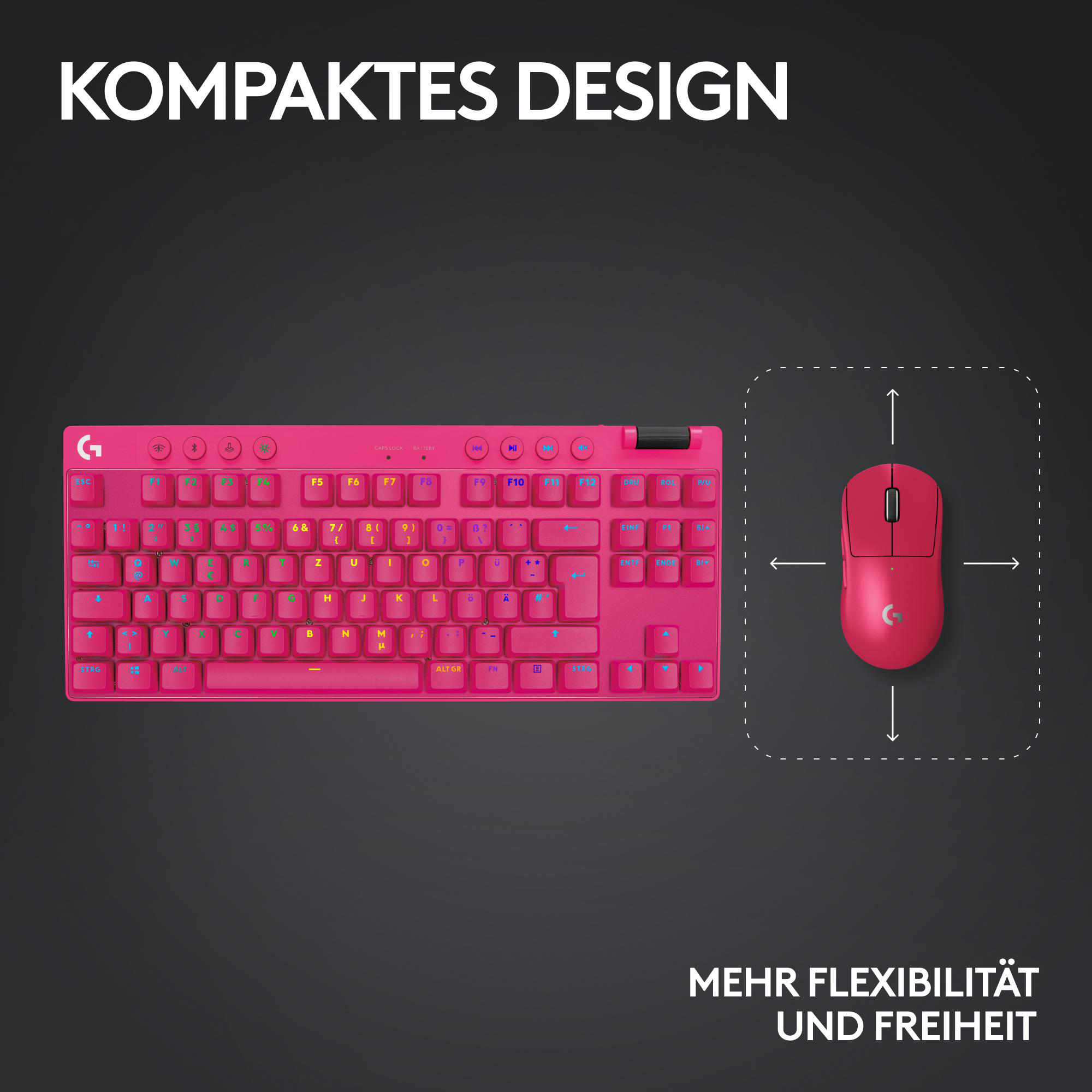Ein pinkfarbenes kabelloses Tastatur- und Maus-Set. Die Tastatur befindet sich im Vordergrund, rechts ist eine Maus.