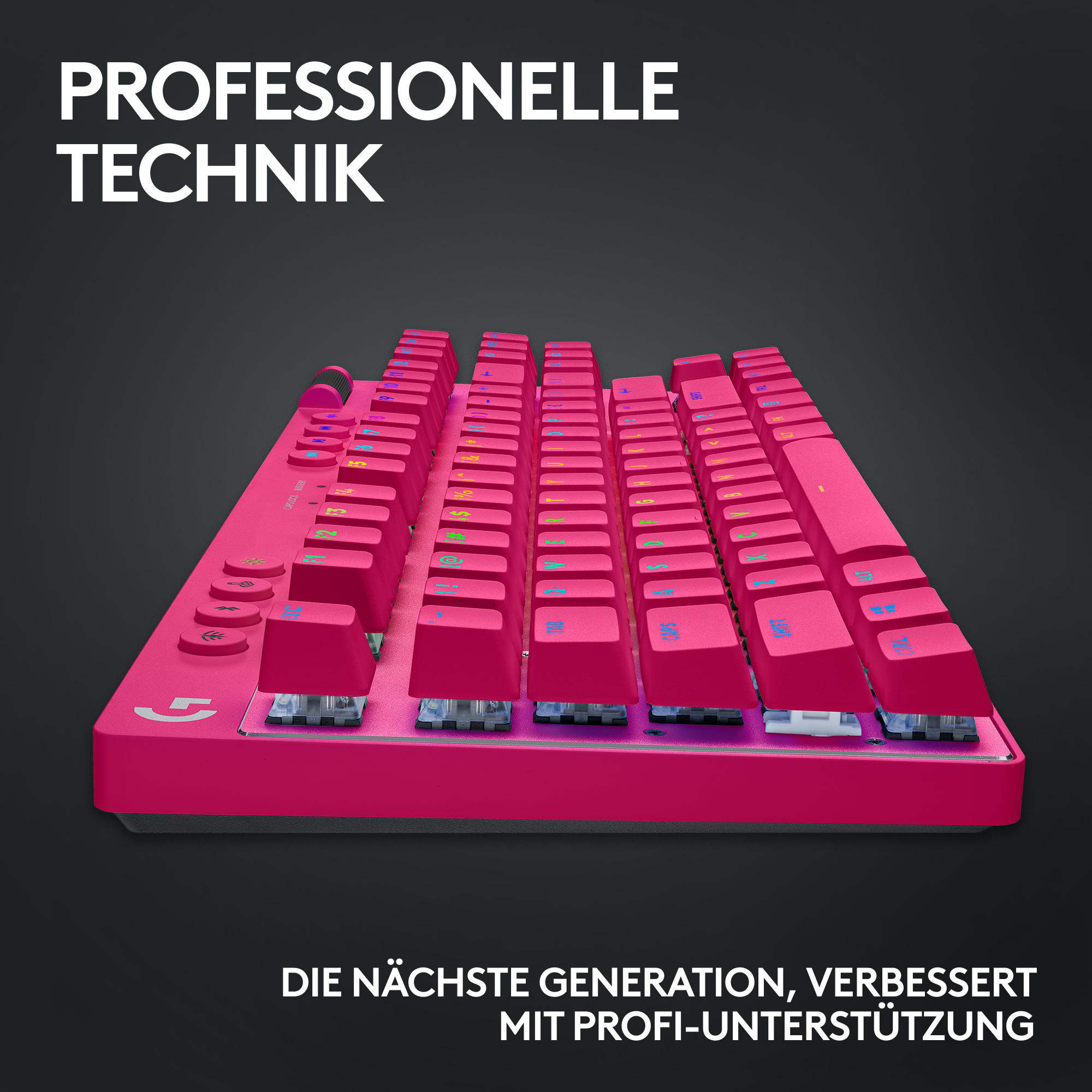 Eine pinkfarbene Tastatur mit weißem Text und schwarzem Hintergrund. Die Tastatur hat mehrere Tasten und ist abgewinkelt.