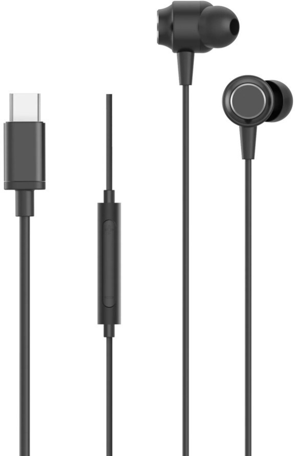 Czarne słuchawki z wtyczką USB-C. Słuchawki mają mikrofon i przycisk sterowania na przewodzie.