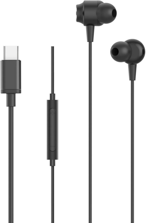 Czarne przewodowe słuchawki z wtyczką USB-C, pilotem i dwoma wkładkami dousznymi.