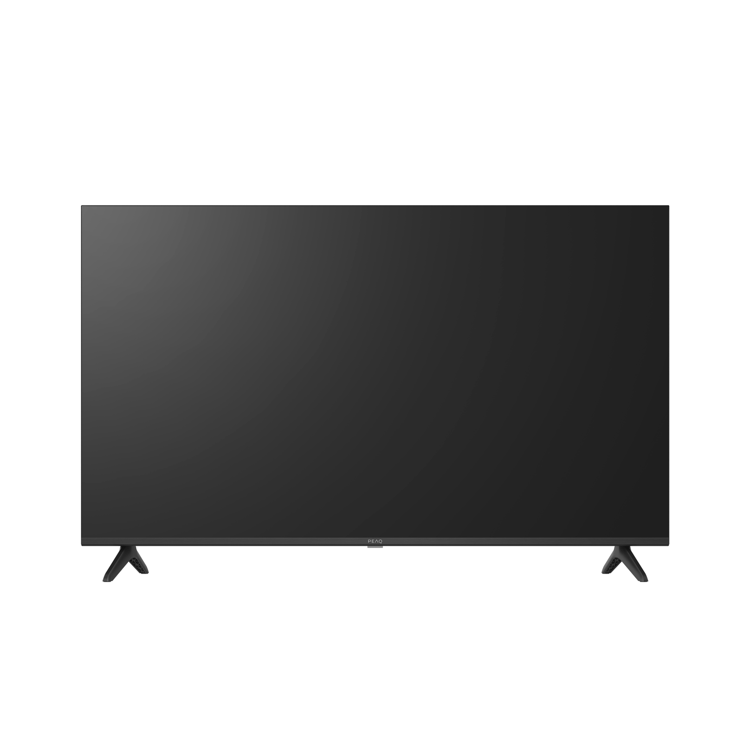 A large, black flat-screen TV with a black frame and two V-shaped legs. The brand name PEAQ is visible at the bottom.