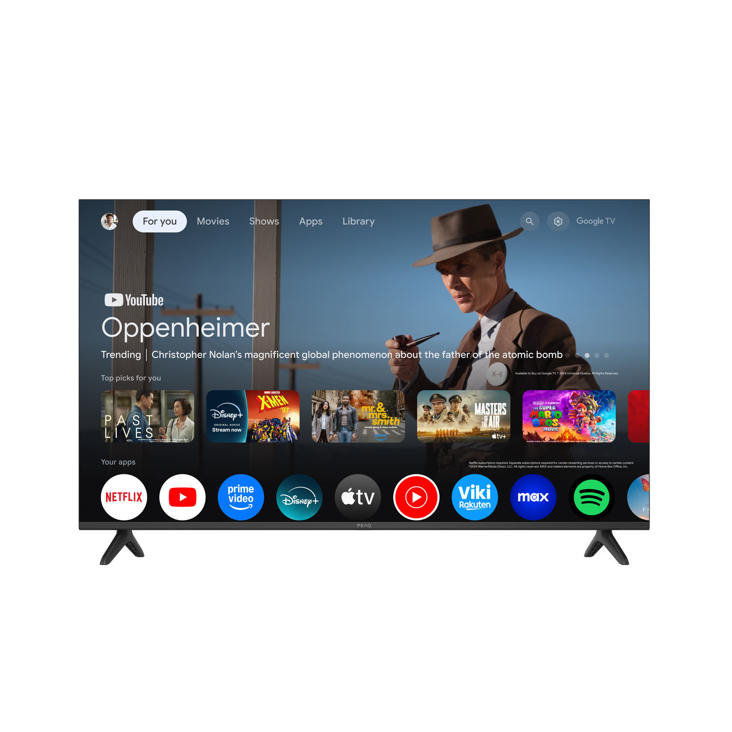 A TV displays the movie "Oppenheimer." Icons for Netflix, YouTube, and other apps are at the bottom. The TV has black legs.