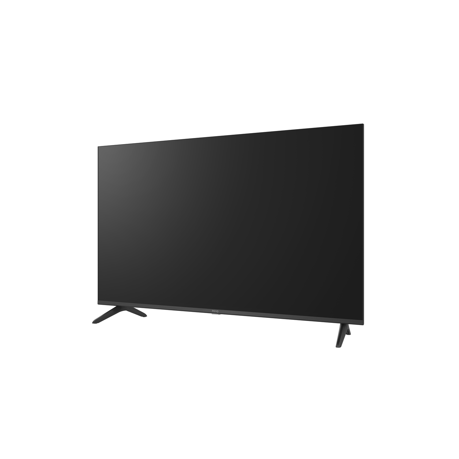 A large, black flat-screen TV stands on black legs against a white background. The screen is turned off.