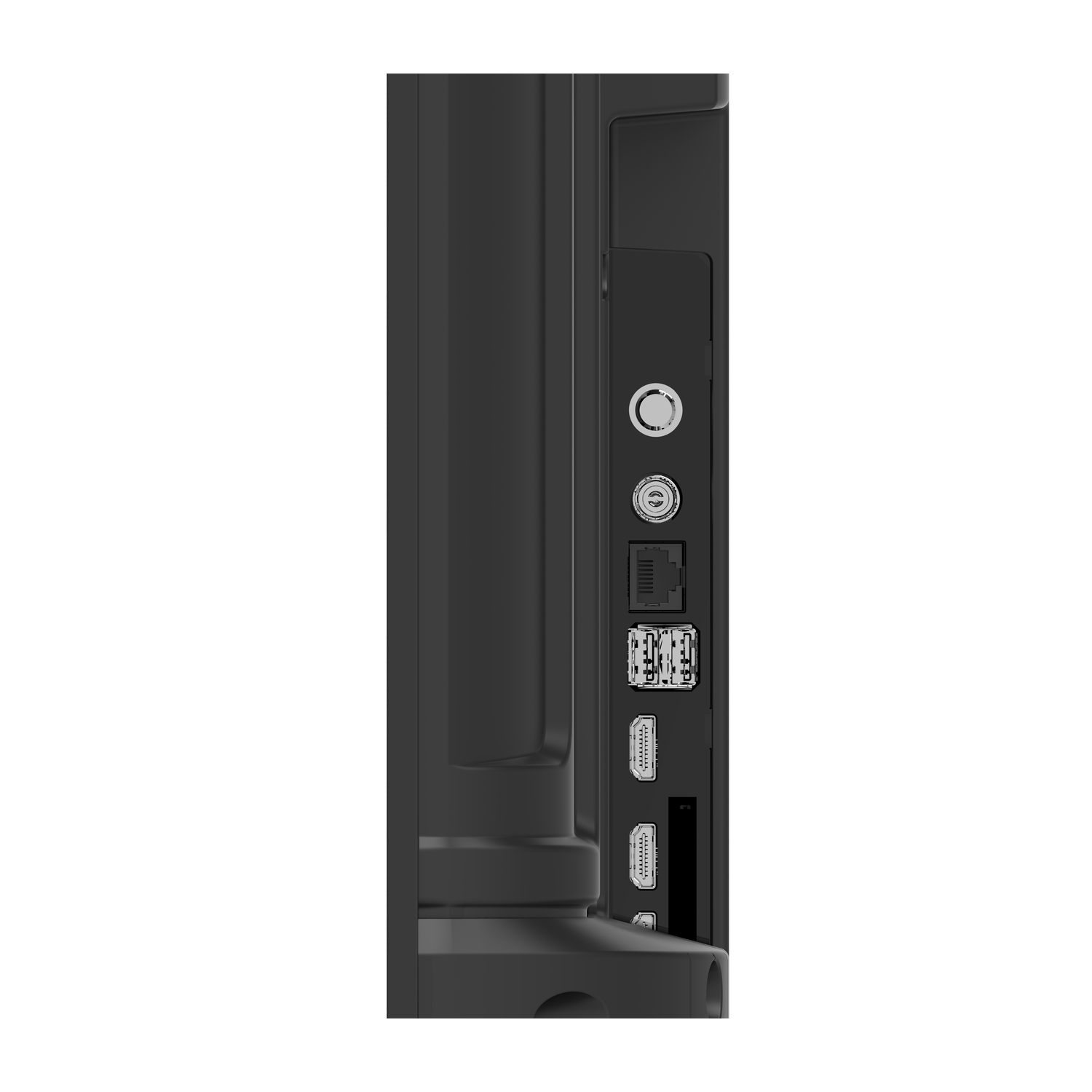 Side view of a black monitor with various input ports: coaxial, optical, HDMI, and others. The ports are silver.
