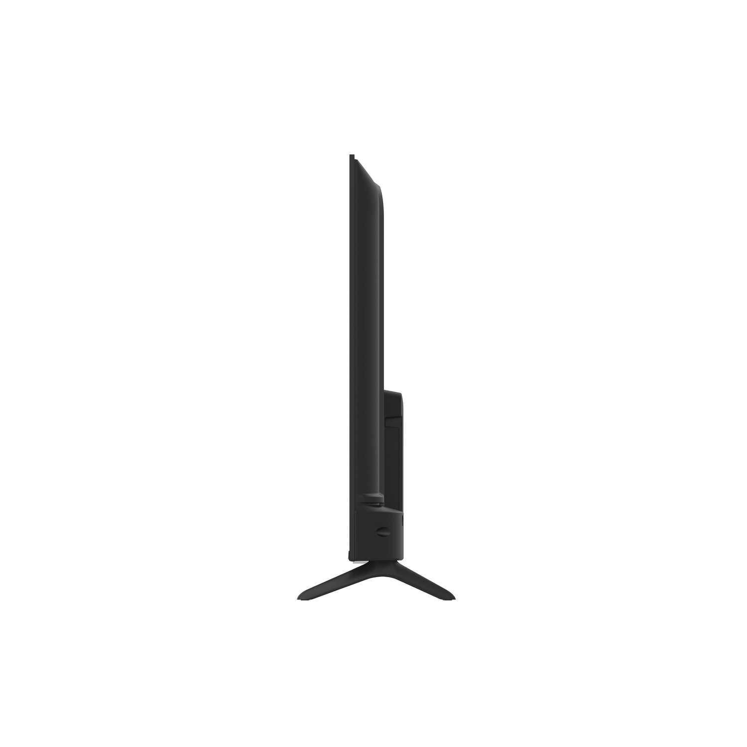 Side view of a black flat-screen TV on a white background. The TV is upright, with a stand. The screen is dark.