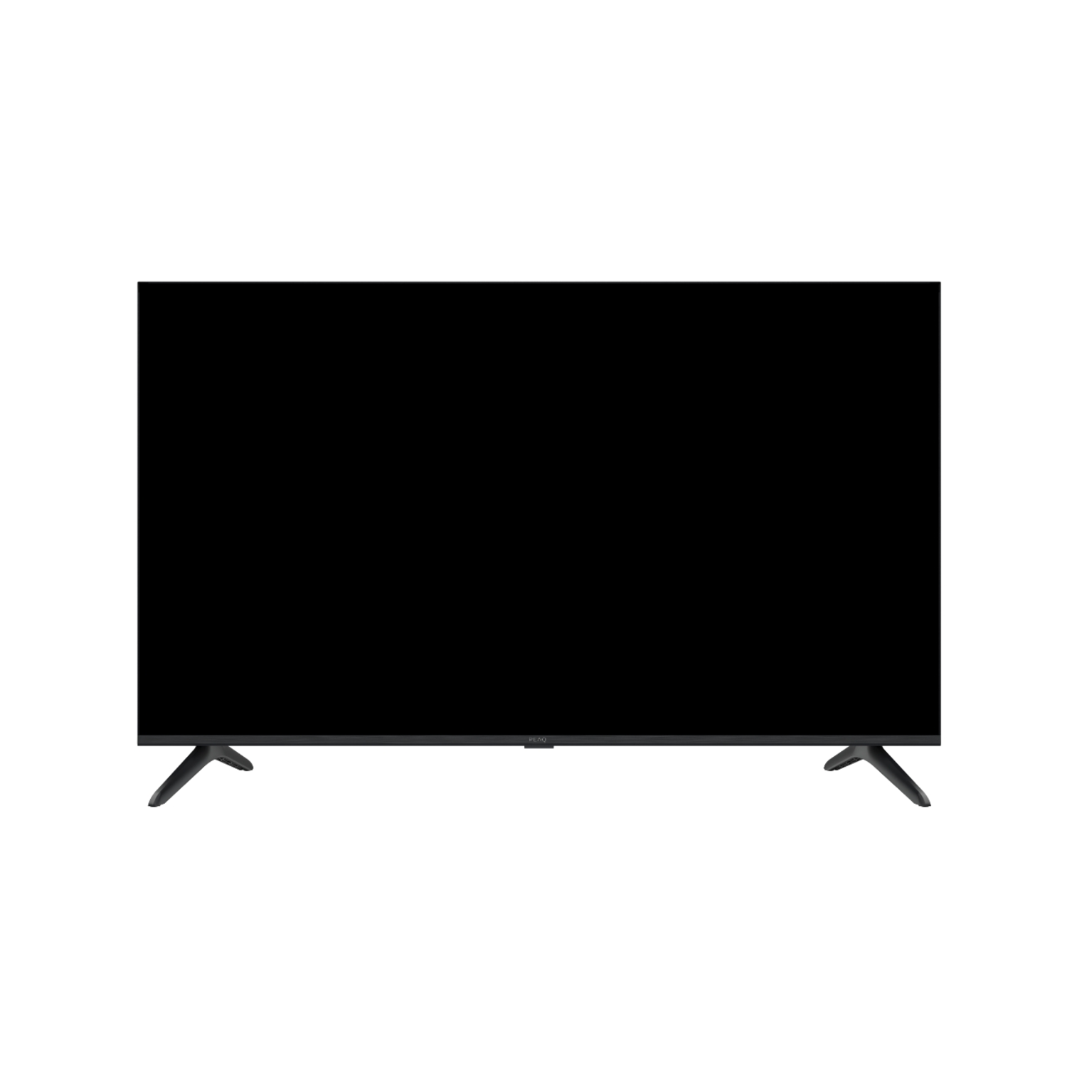 A black flat-screen TV is centered on a white background. The screen is off. It has two black legs at the bottom.
