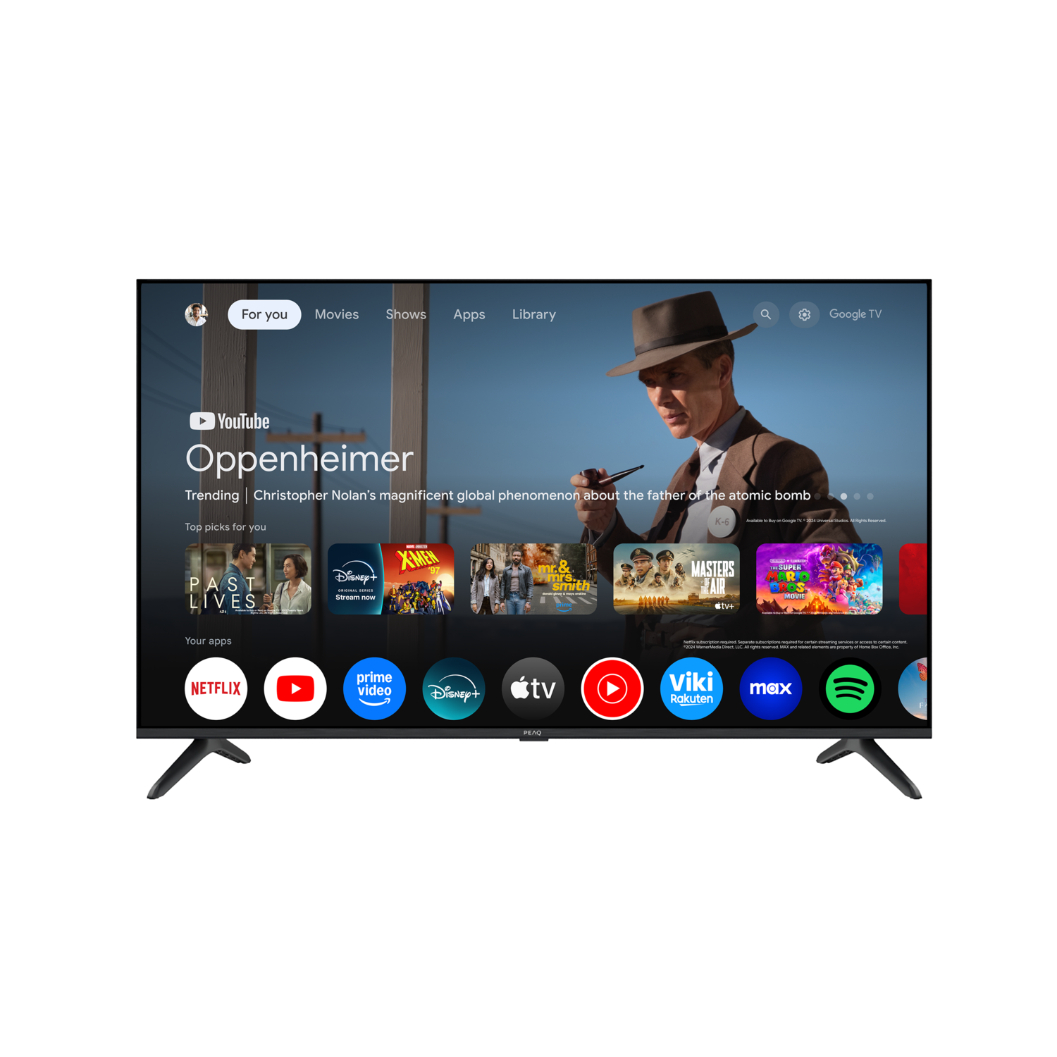 A TV displays the Google TV interface. The screen shows Oppenheimer, movie thumbnails, and app icons like Netflix and YouTube.