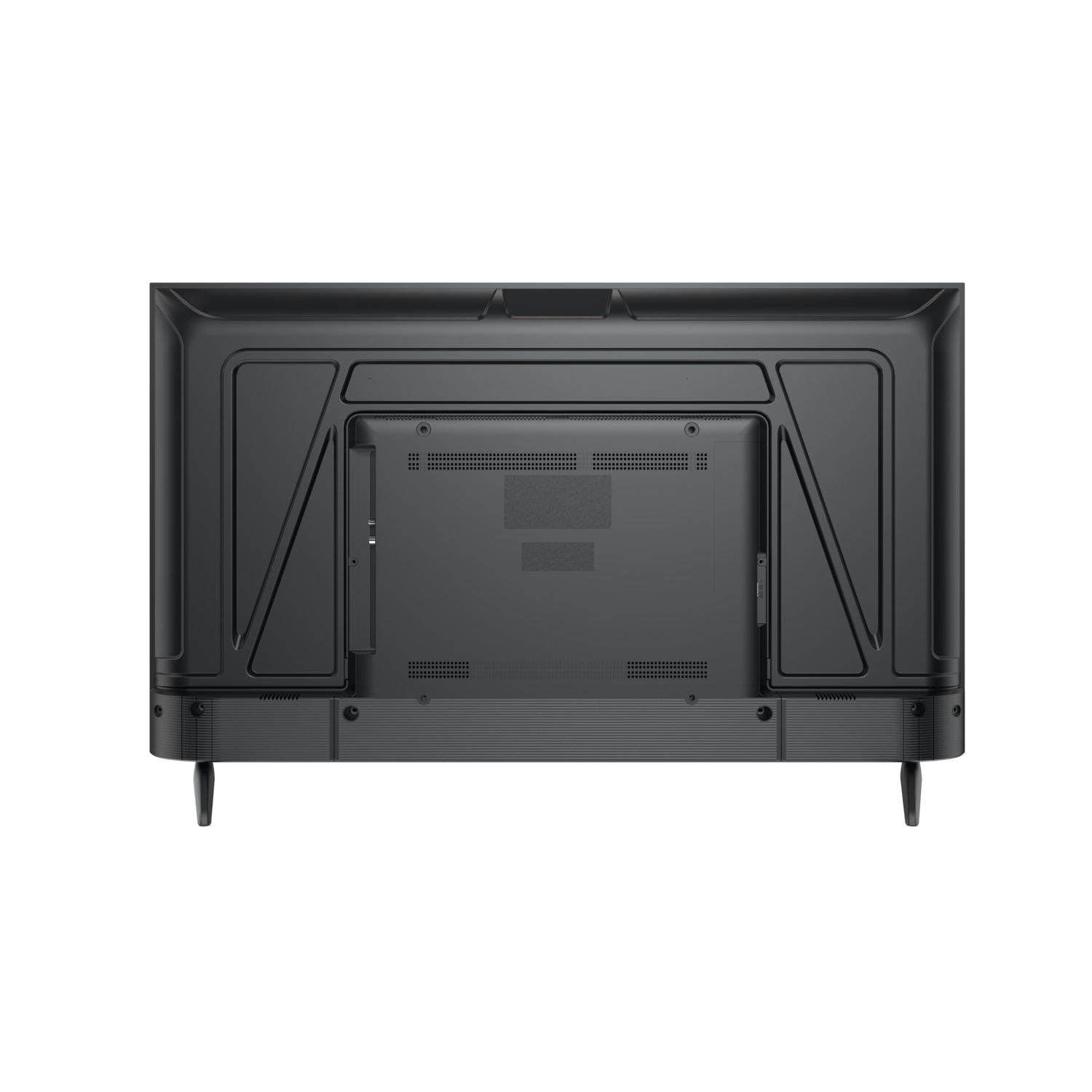 Rear view of a black TV. It has a rectangular shape with ports, vents, and legs visible. The background is plain black.