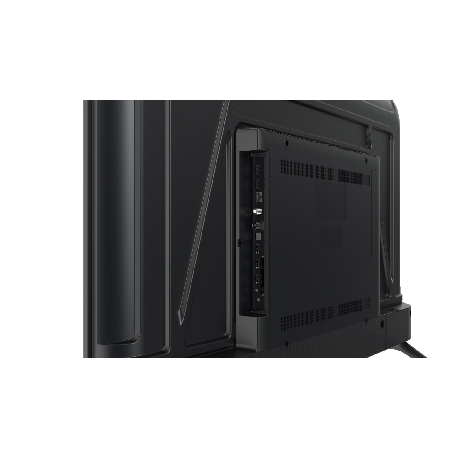 The back of a black TV is visible. Ports and vents are seen. It is set against a black background.