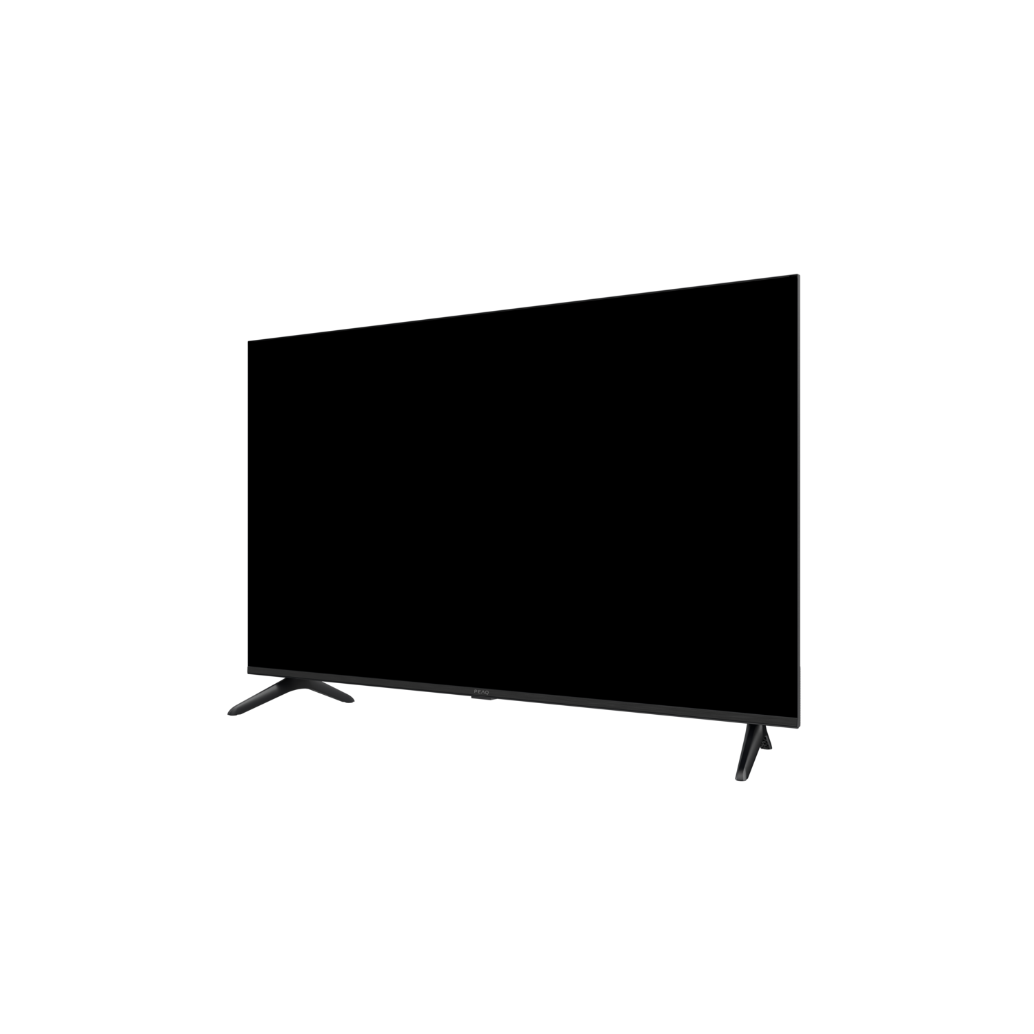 A black flat-screen TV on a white background. The TV has black legs supporting the screen. The screen is turned off.