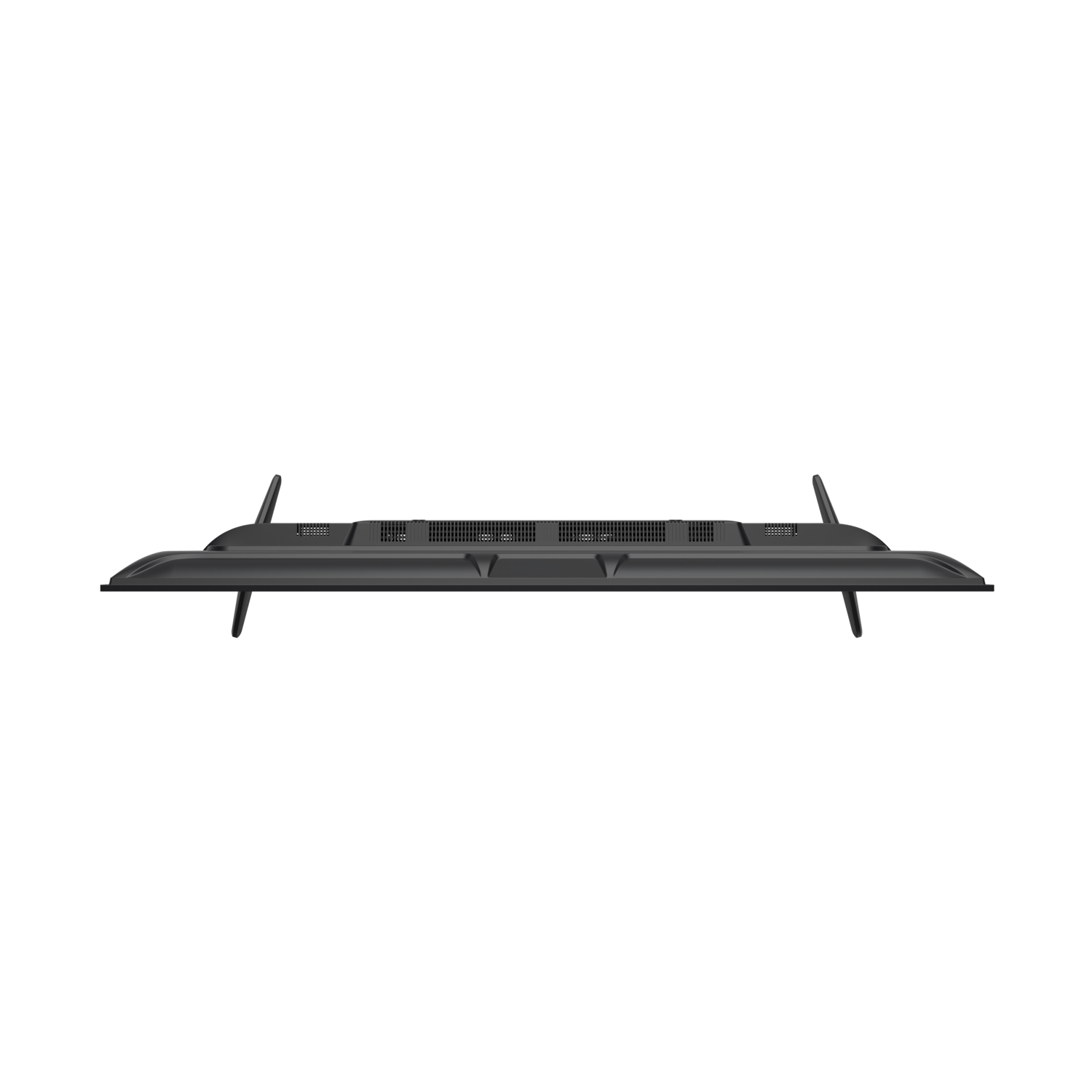 A black television viewed from below. The back of the TV is visible, including vents, ports, and legs, set against a black background.